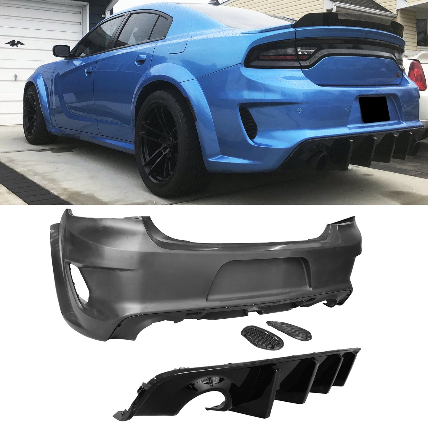 2020-2023 Dodge Charger Rear Bumper Cover + IKON Rear Diffuser Black P