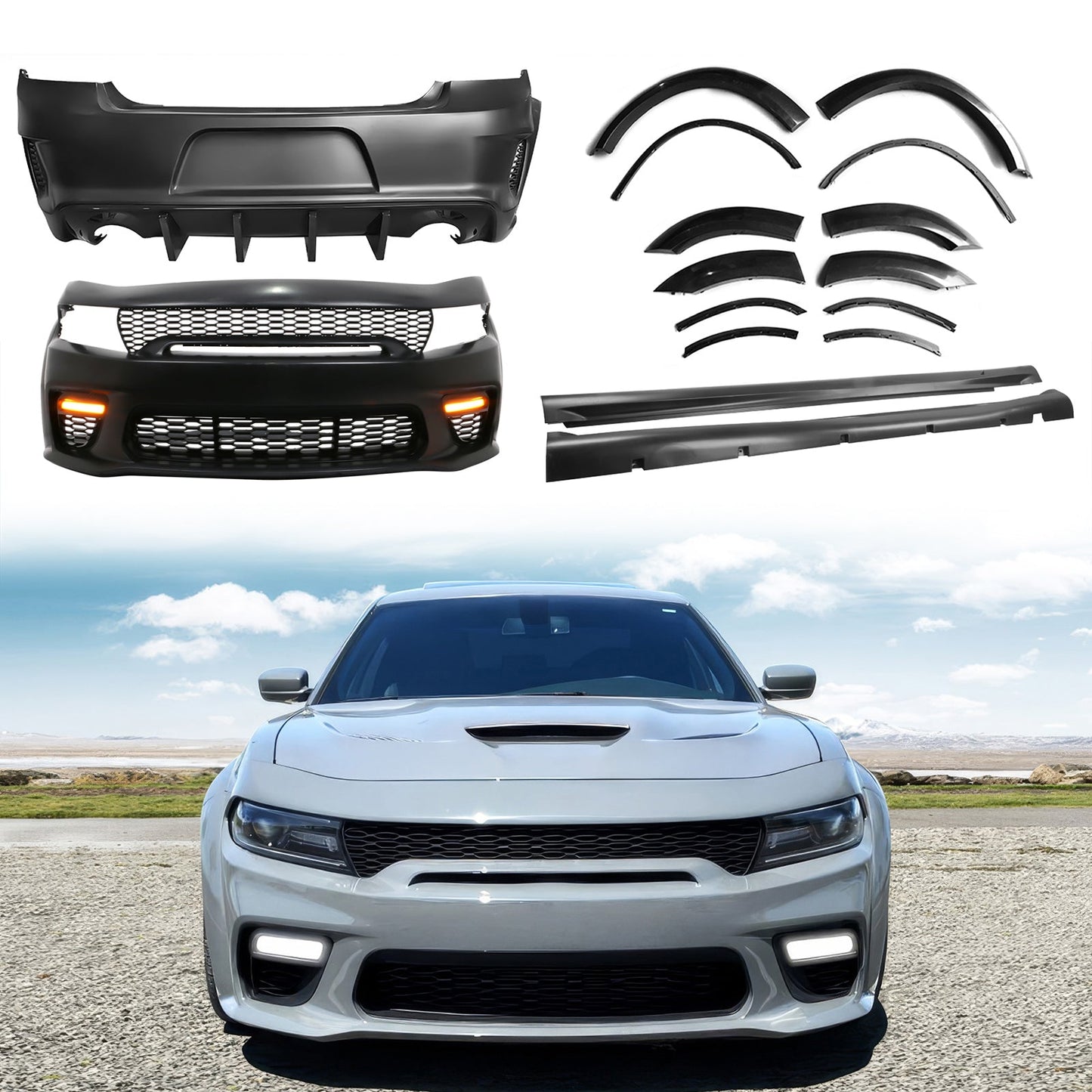 2015-2023 Dodge Charger Widebody Gloss Whole Bumper Diffuser PP W/ LED