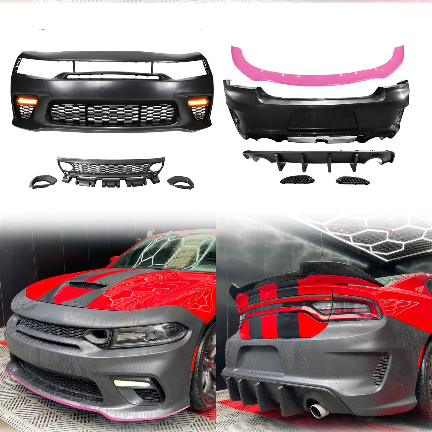 2015-2023 Dodge Charger Widebody SRT Rear Front Bumper Pink Lip PP LED
