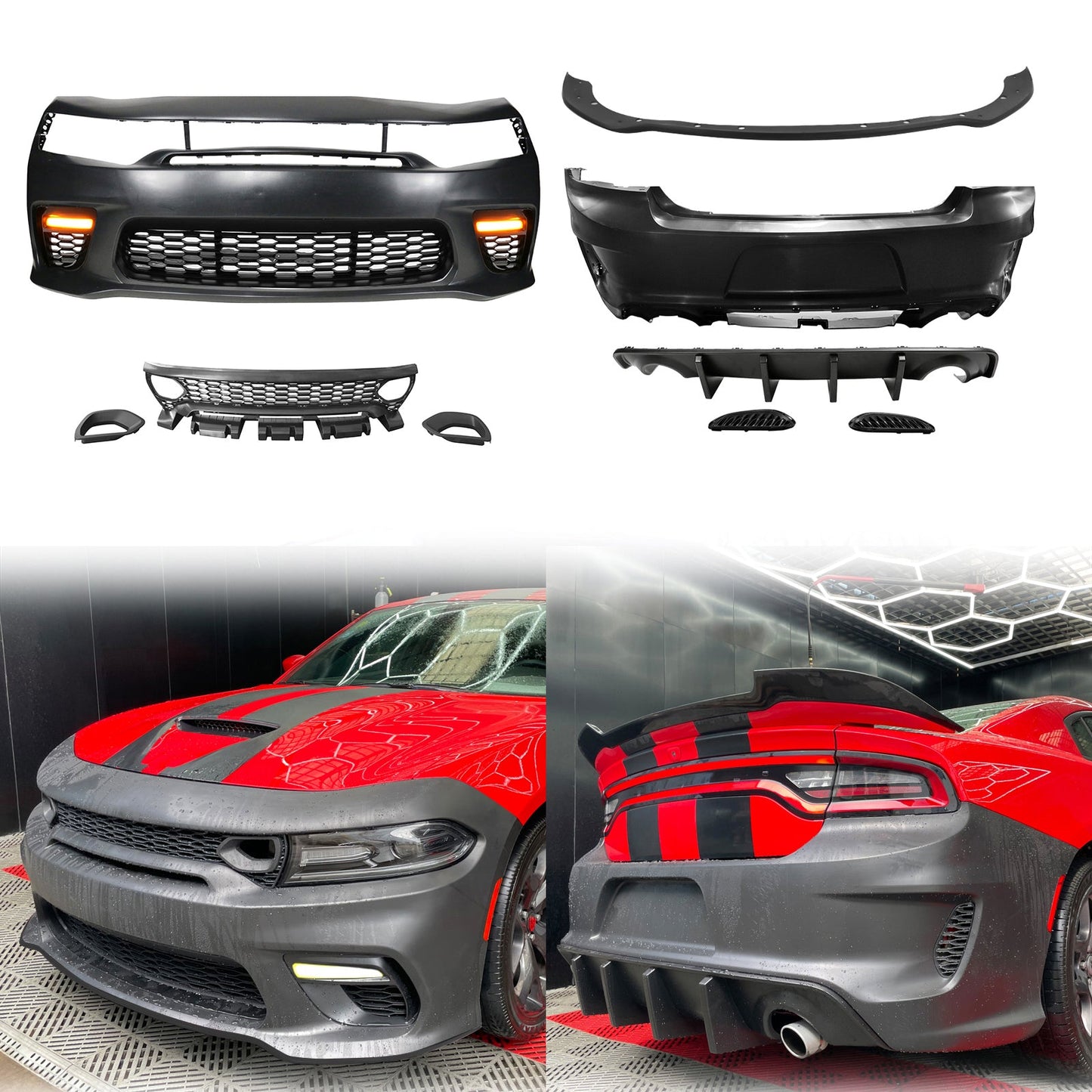 2015-2023 Dodge Charger Widebody SRT LED Front Bumper Matte Black Lip