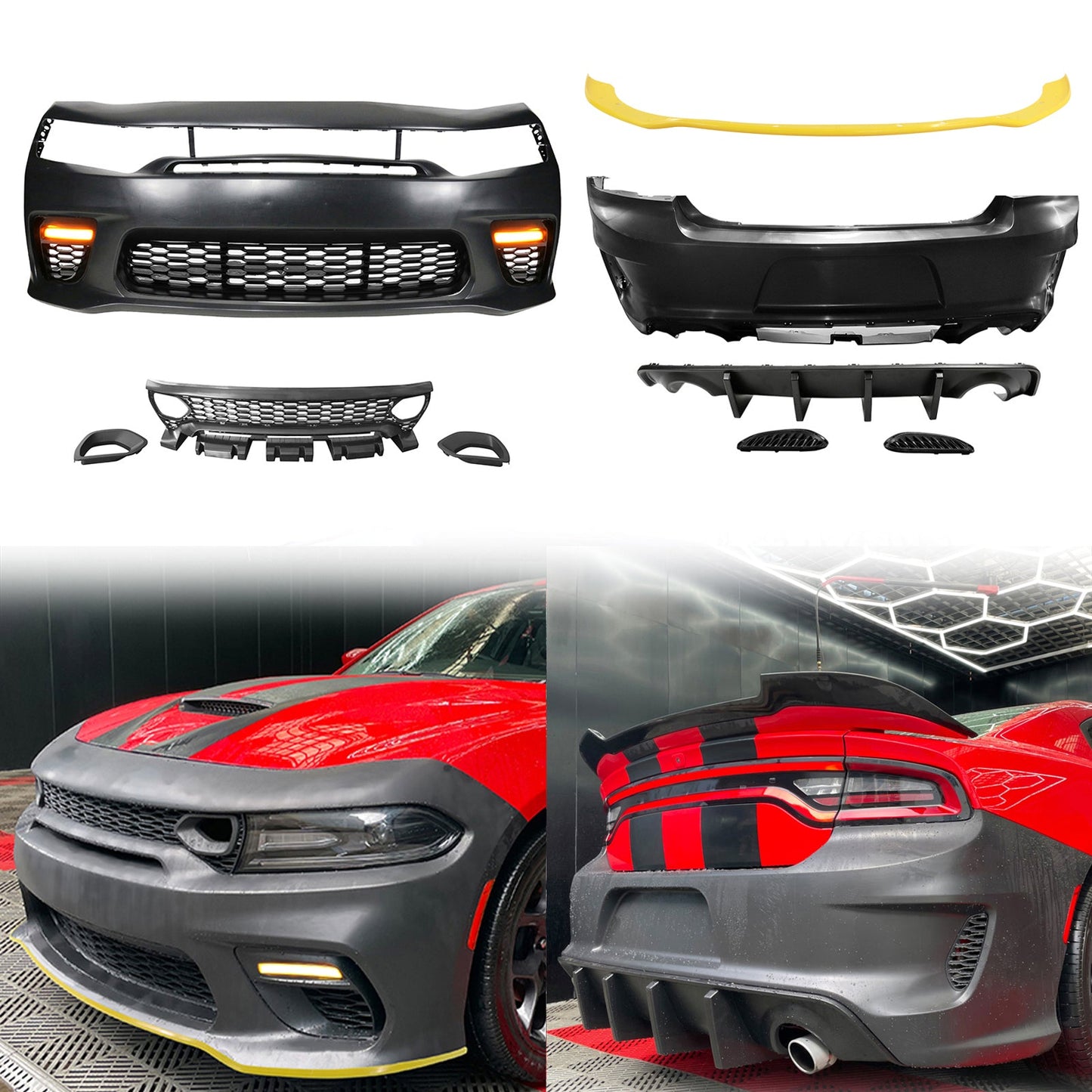 2015-2023 Dodge Charger Widebody SRT Front Bumper Yellow Lip PP LED