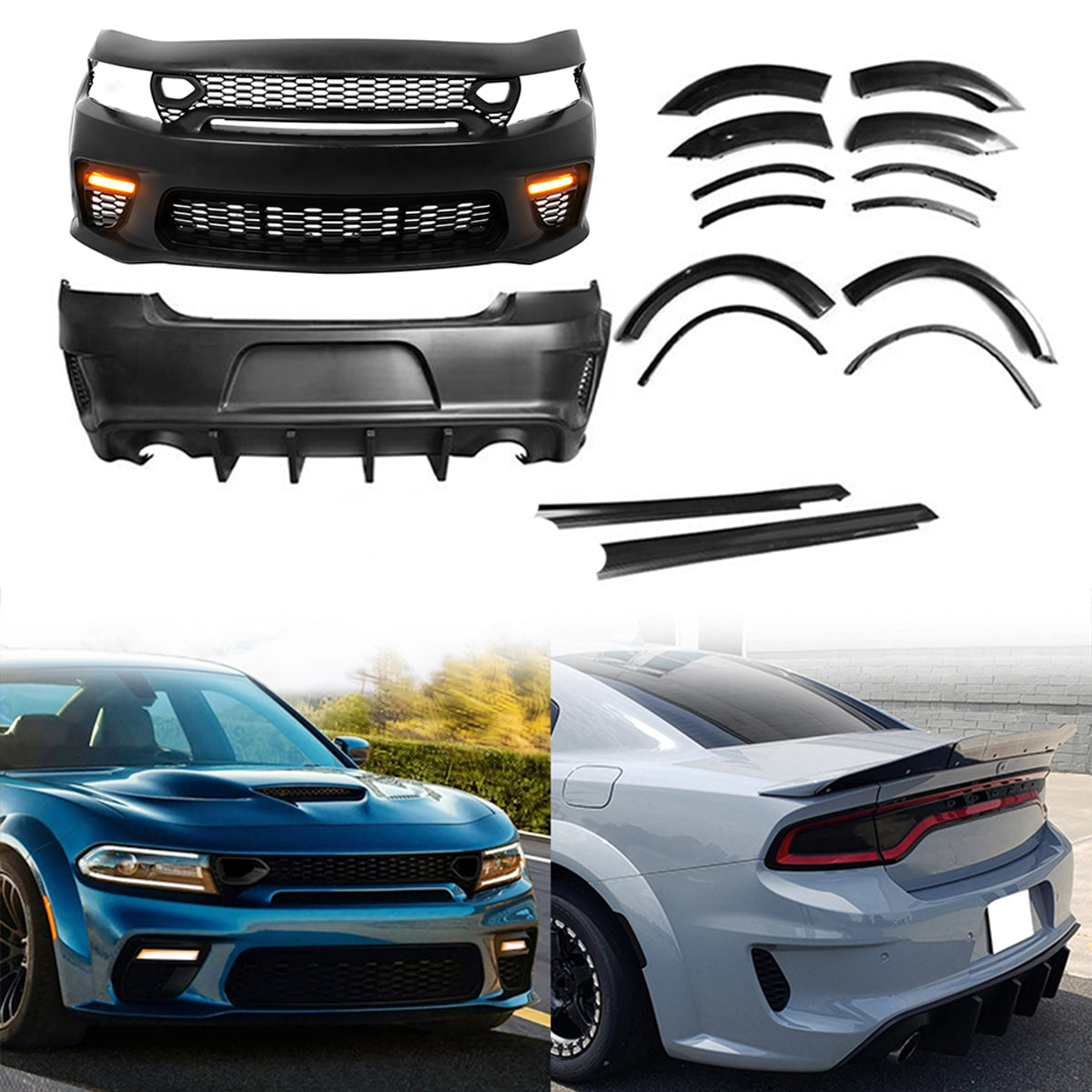 2015-2023 Charger IKON Matte Black Front Rear Bumper Covers LED PP
