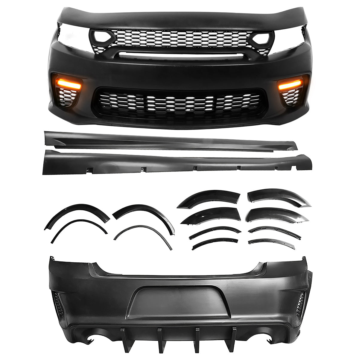 2015-2023 Charger IKON Matte Black Front Rear Bumper Covers LED PP