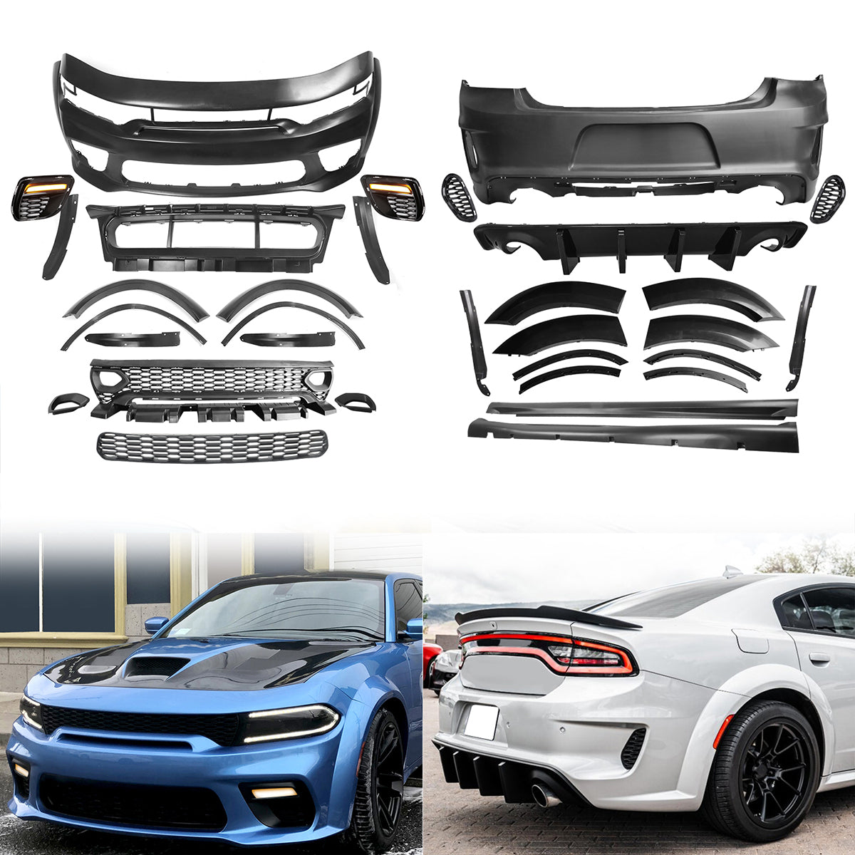 2015-2023 Charger IKON Gloss Black Front Rear Bumper Covers LED PP