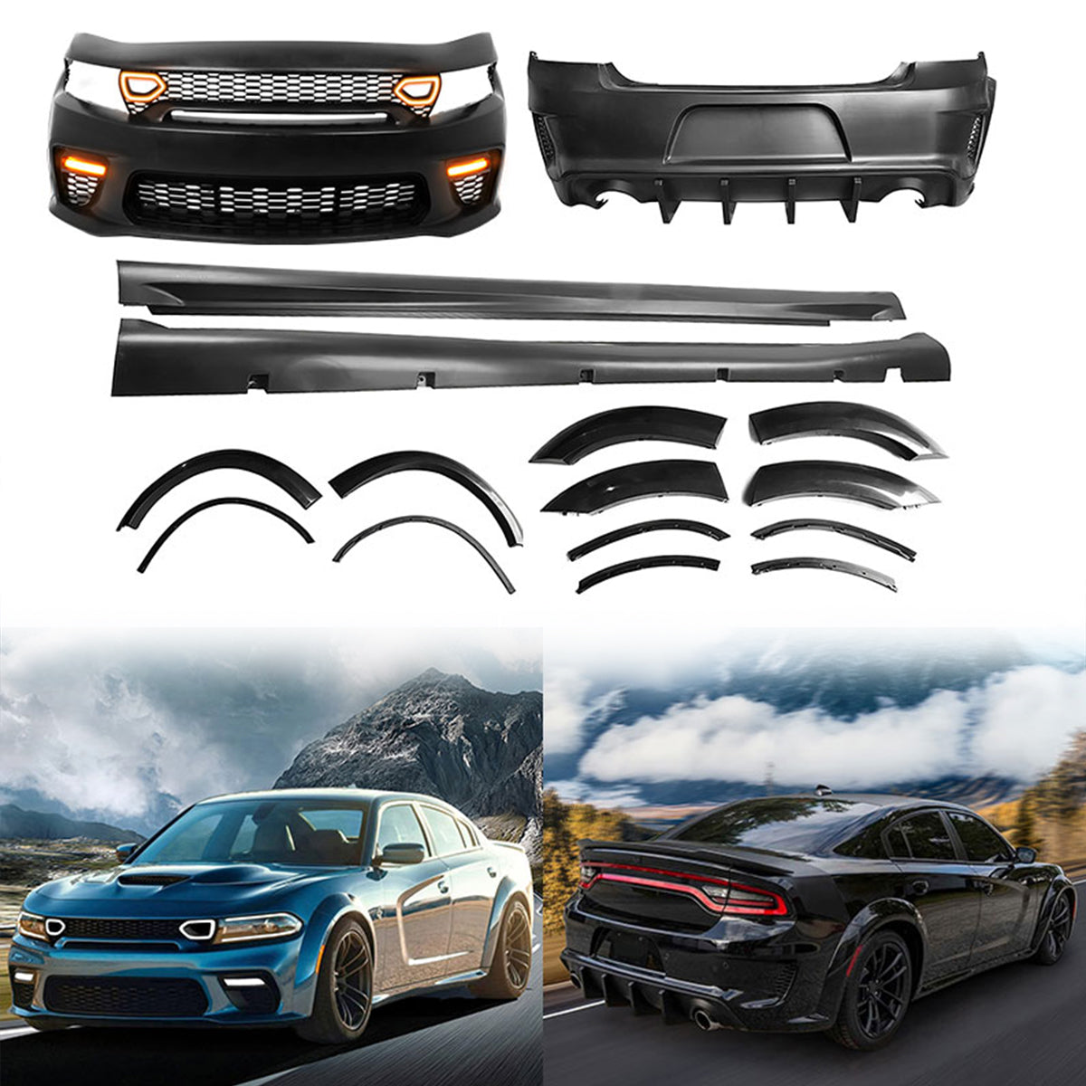 2015-2023 Charger IKON Matte Black Front Rear Bumper Covers LED Grille