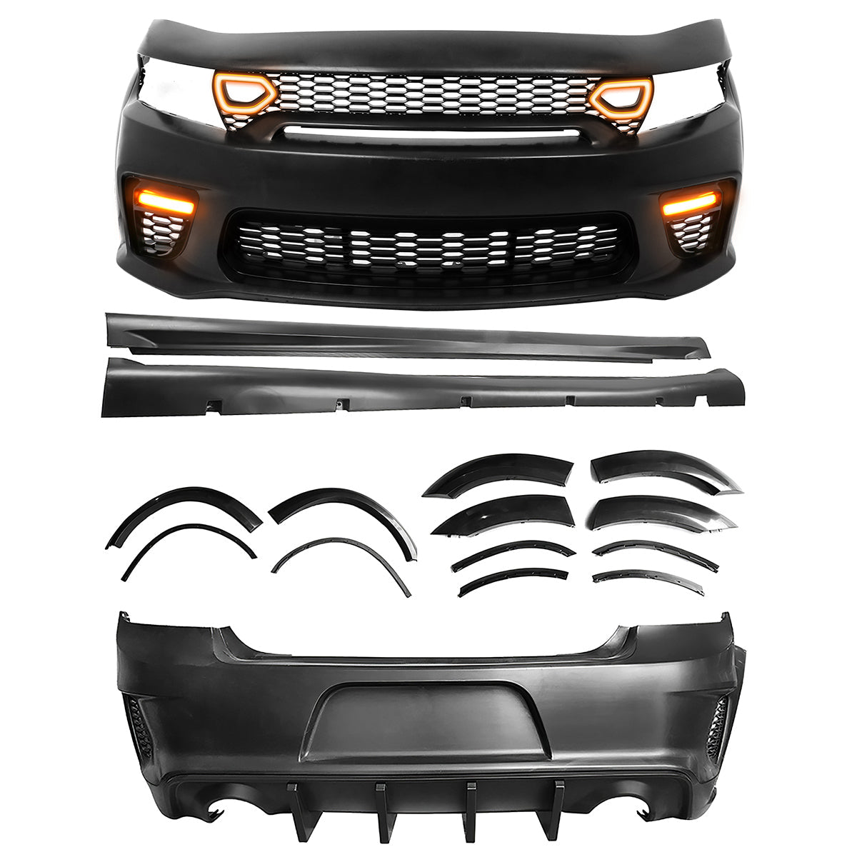 2015-2023 Charger IKON Matte Black Front Rear Bumper Covers LED Grille