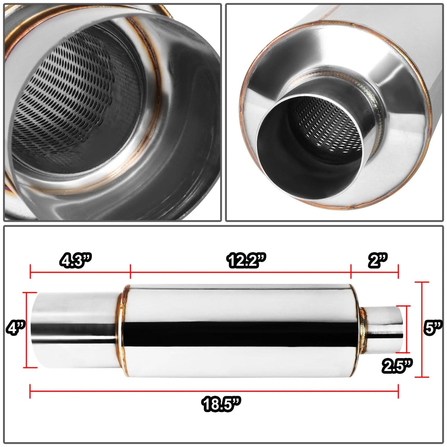 Universal Round Exhaust Muffler - 4.0" Tip, 2.5" Inlet, 18.5" Total Length