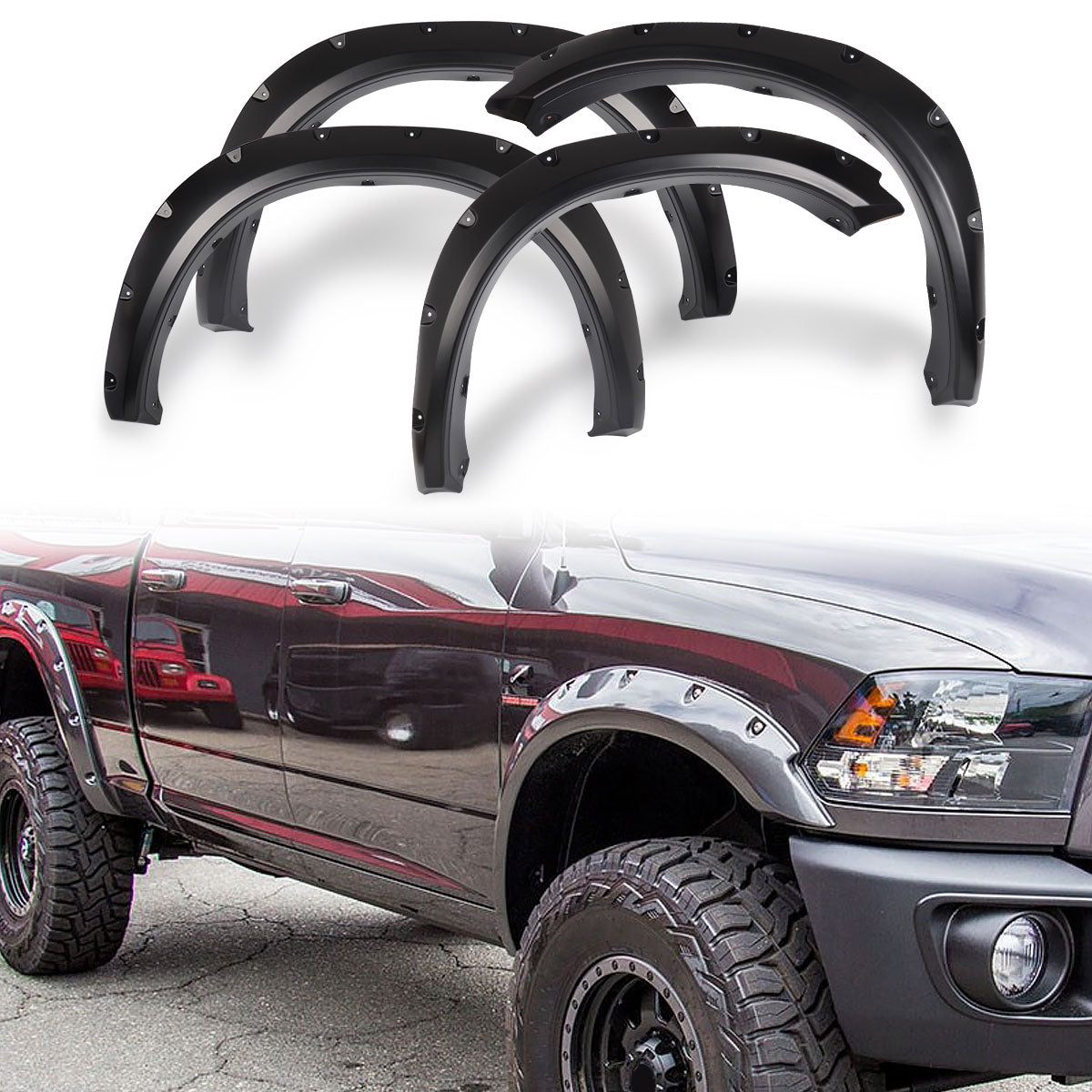 2009-2018 Dodge Ram Pocket Rivet Style Black Fender Flares PP Smooth
