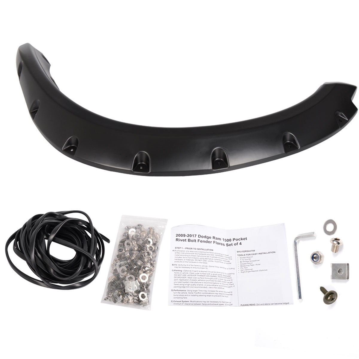 2009-2018 Dodge Ram Pocket Rivet Style Black Fender Flares PP Smooth