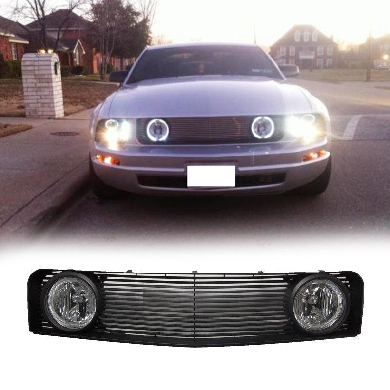 2005-2009 Ford Mustang Black Mesh Front Upper Grille Halo Fog Lights