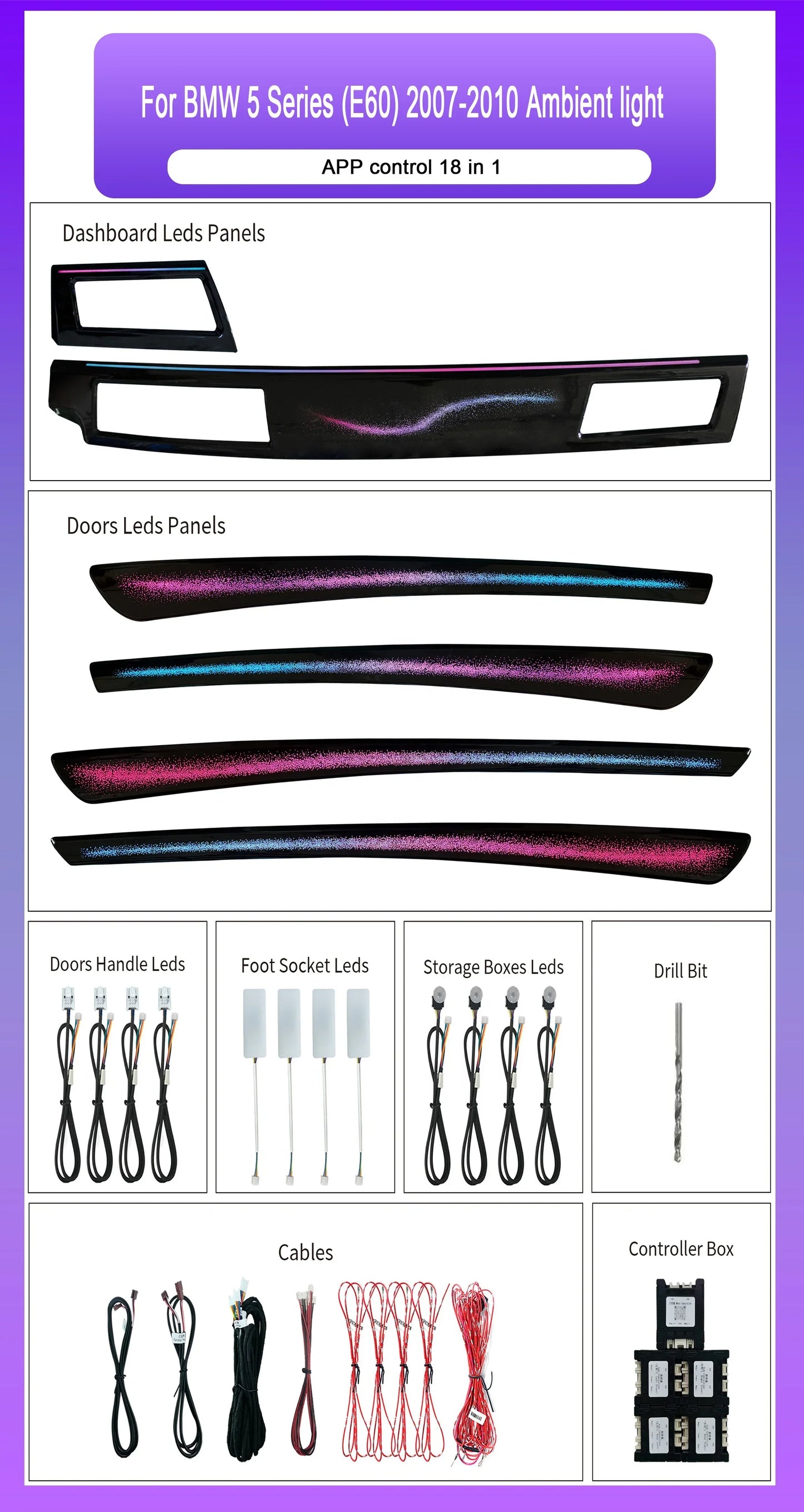 BMW 5 Series E60 Interior 64-Color Symphony Dynamic LED Ambient Light Kit 2007 - 2010 (Replaces 63316961419)
