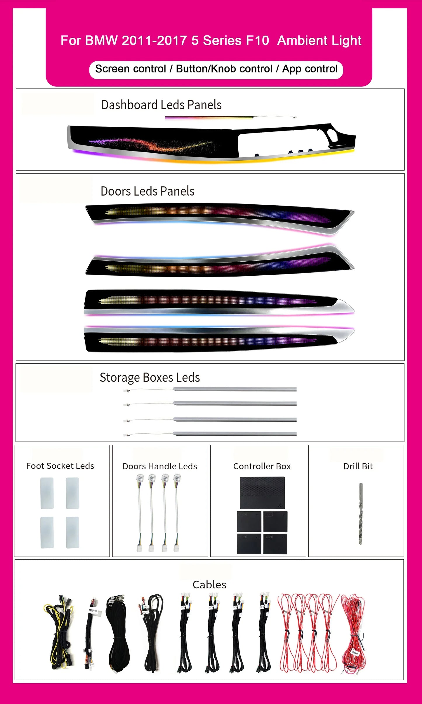 BMW 5 Series F10 / F11 / F18 RHD Interior 64-Color Dynamic Symphony LED Ambient Light Kit 2010 - 2018