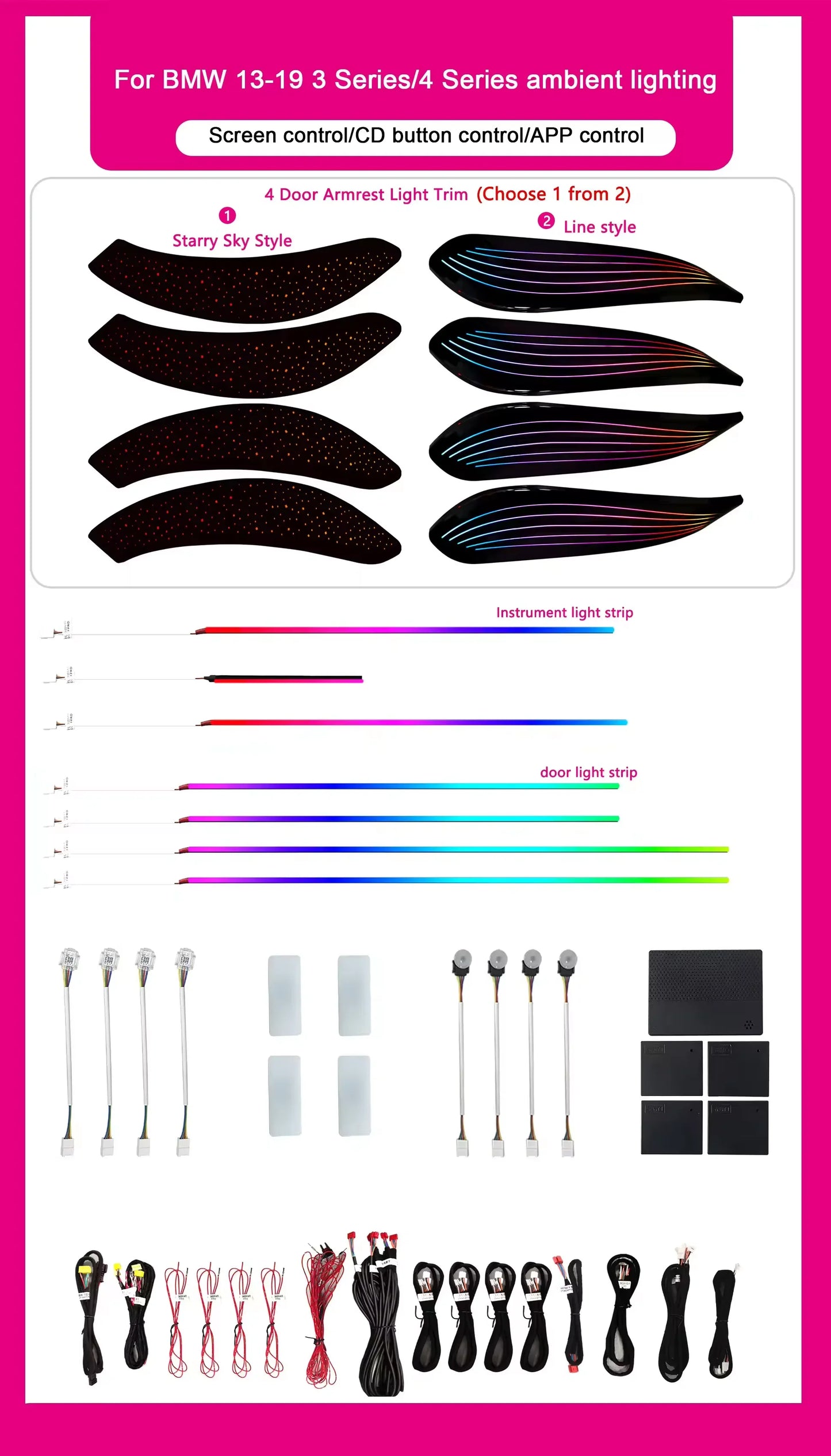 BMW 3 Series F30 / F31 / F34 / F35 / F36 Interior 64-Color LED Ambient Light Kit 2013 - 2019