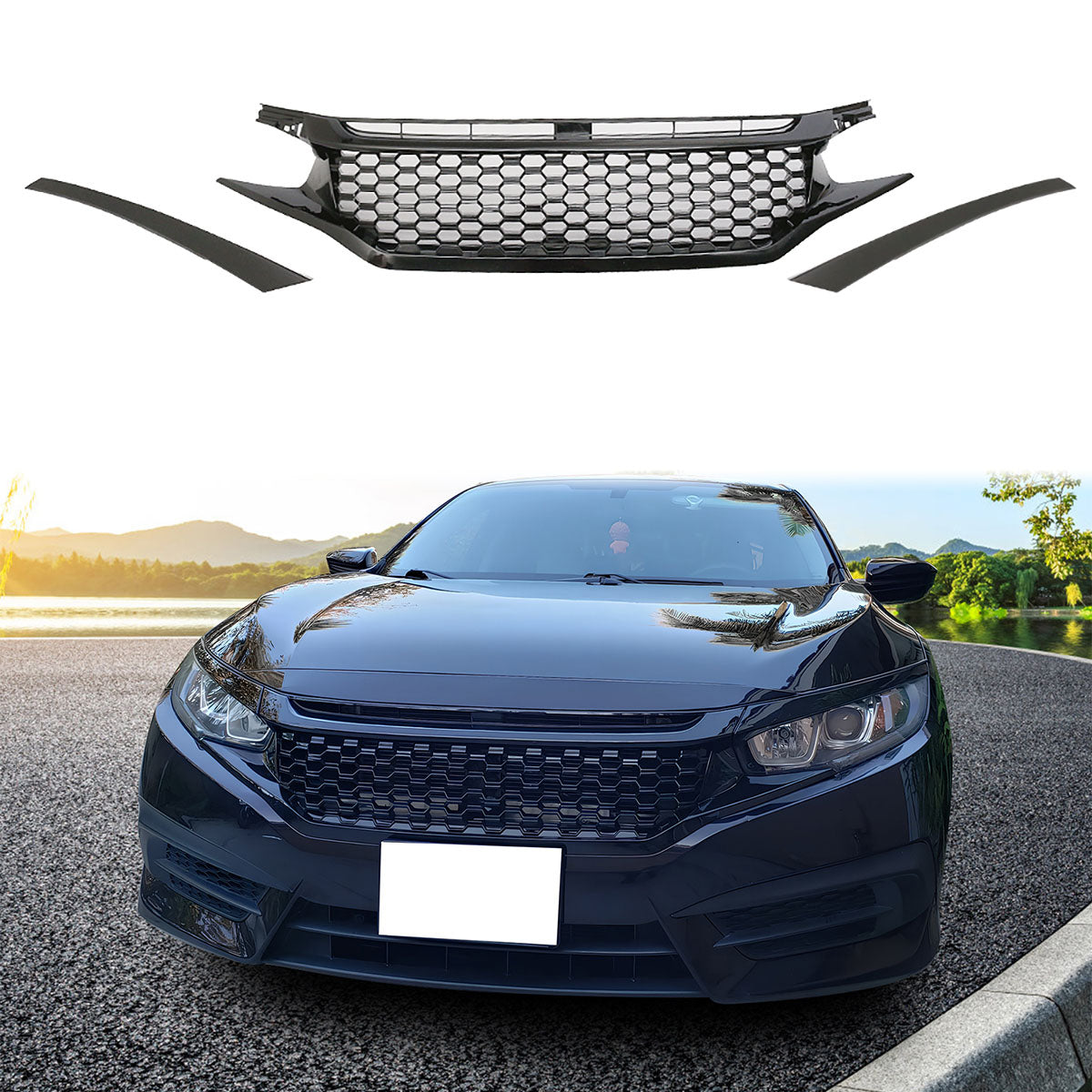 2016-2021 Honda Civic Coupe Sedan Hatchback Mesh Grille w/2PC Eyebrows