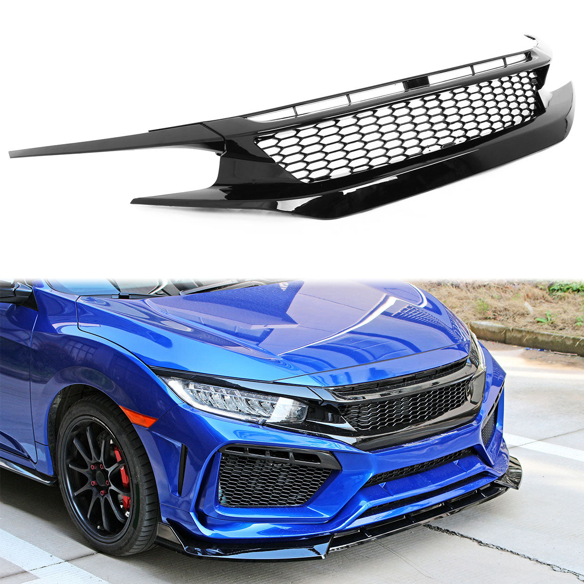 2019-2021 Honda Civic Gloss Black Honeycomb Front Upper Grille ABS