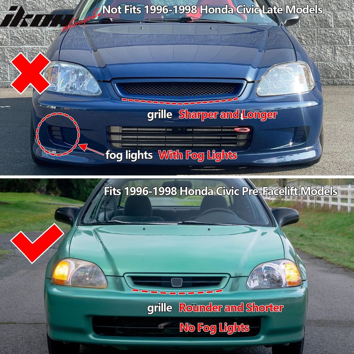 Fits 96-98 Honda Civic 3Dr TR Front + Rear Bumper Lip + Hood Grill