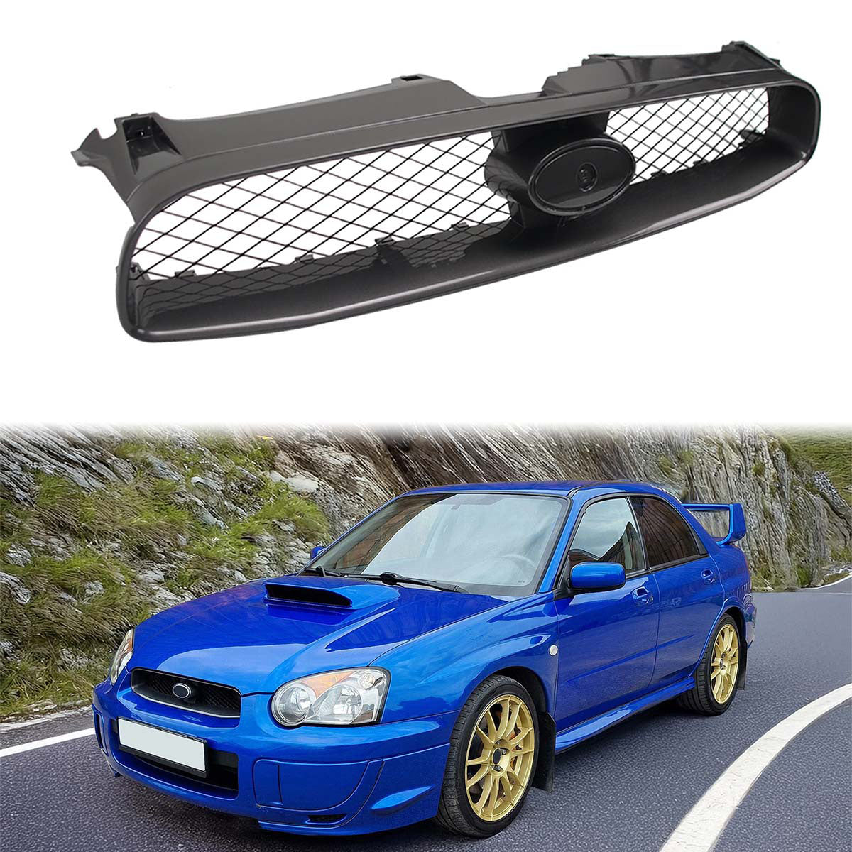 2004-2005 Subaru Impreza STI Style Front Bumper Grille Gloss Black ABS