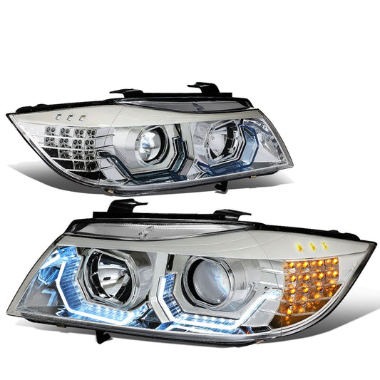 06-12 BMW 3-Series E90 3D Crystal Halo Projector LED Headlights Chrome