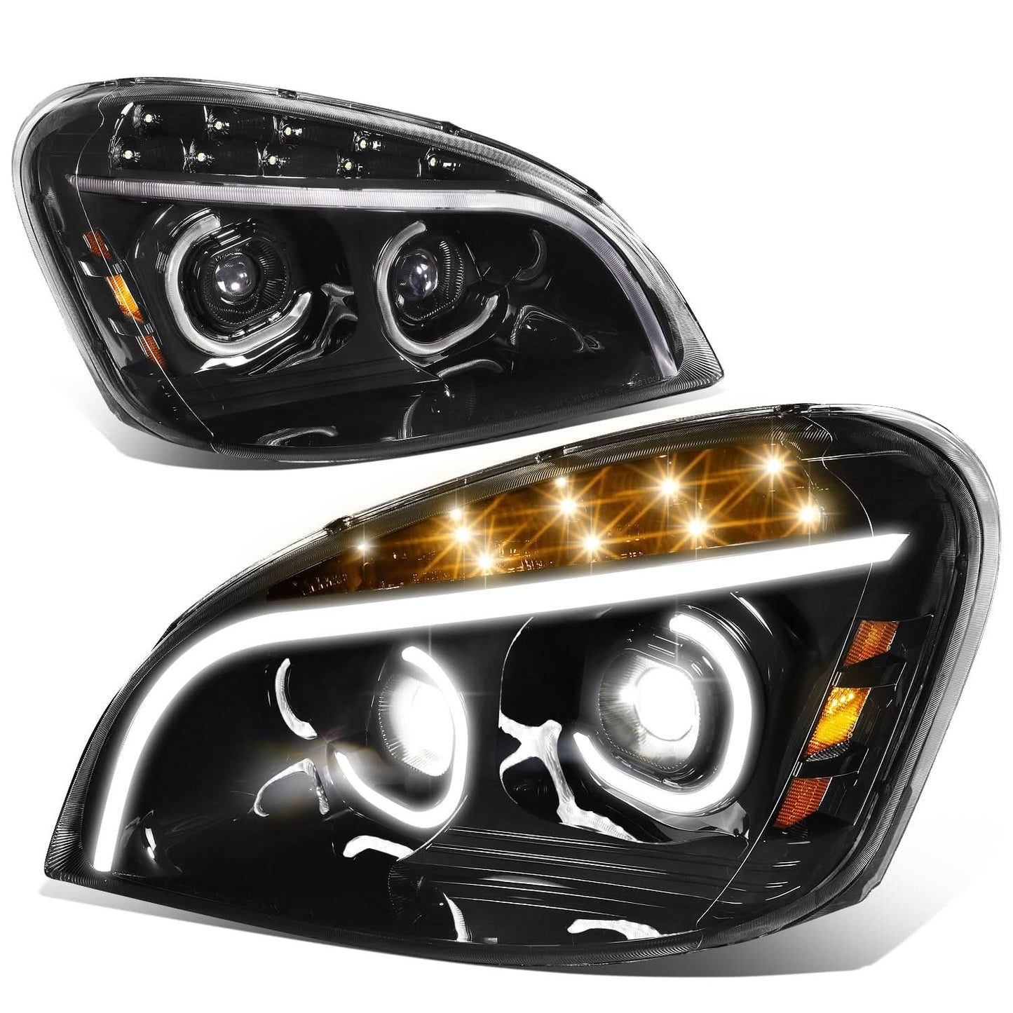 08-17 Freightliner Cascadia LED Halo Projector Headlights Black