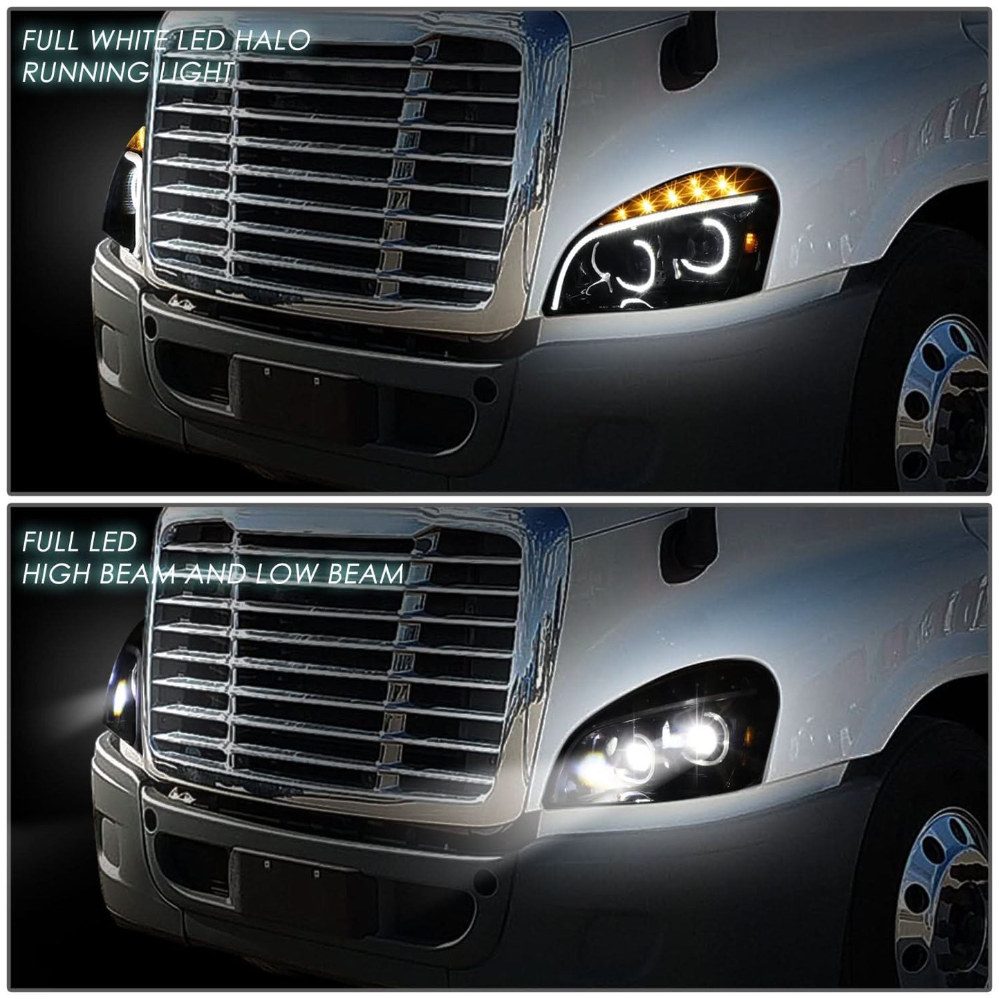 08-17 Freightliner Cascadia LED Halo Projector Headlights Black