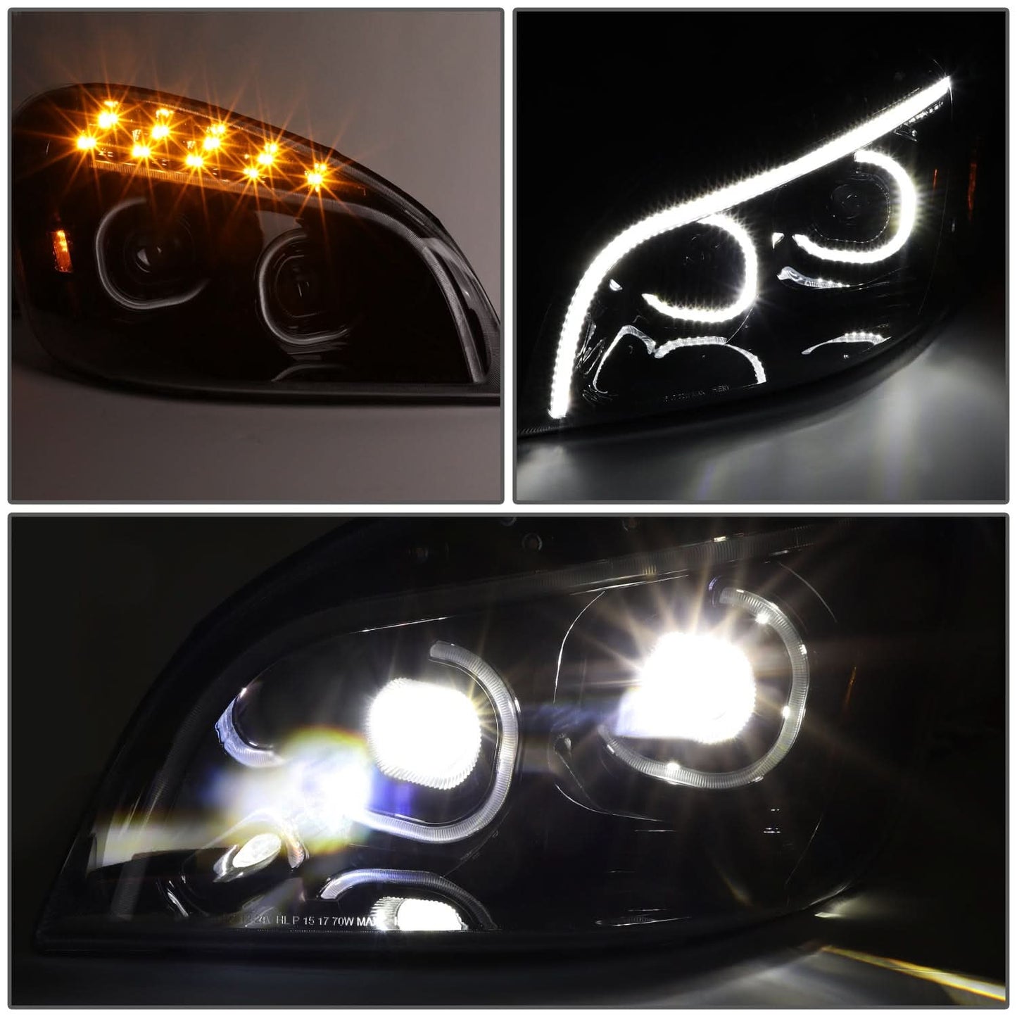 08-17 Freightliner Cascadia LED Halo Projector Headlights Black