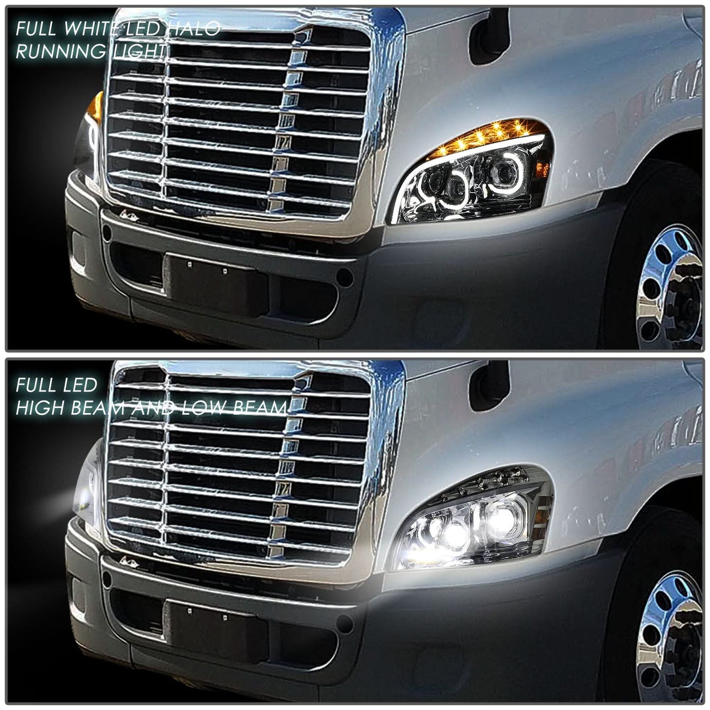 2008-2017 Freightliner Cascadia LED Halo Projector Headlights Chrome