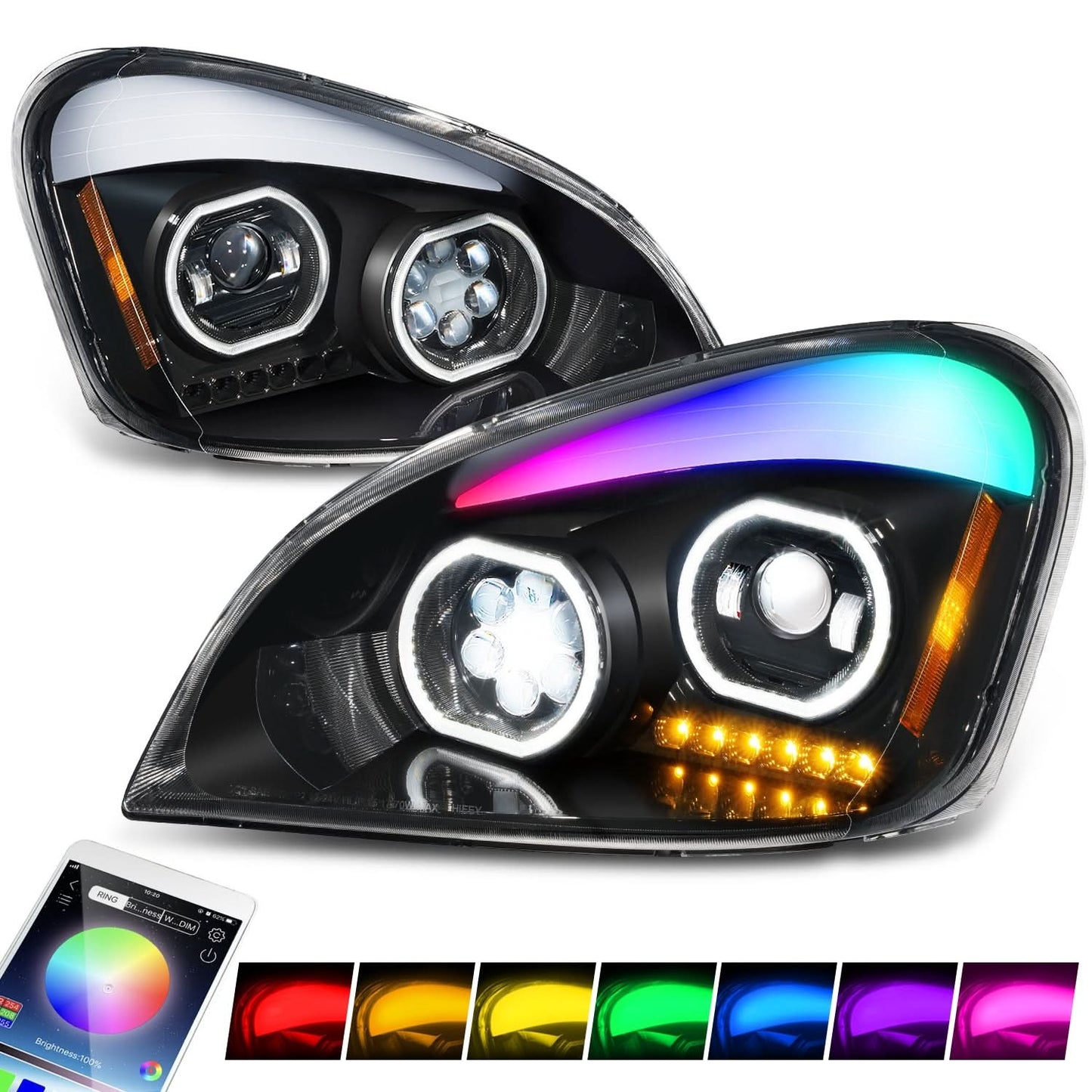 2008-2017 Freightliner Cascadia Gattling Barrel RGB LED Halo Headlights