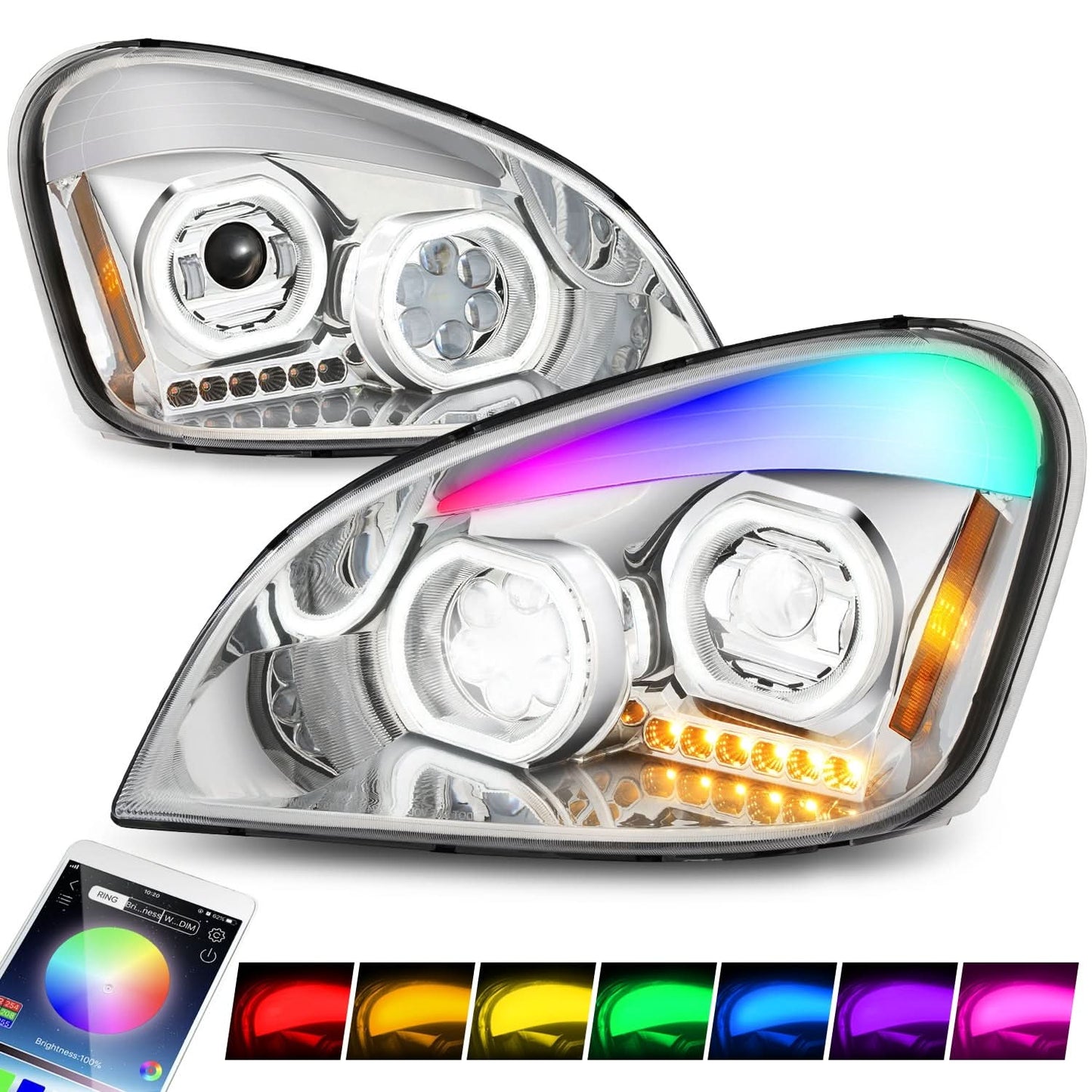 08-17 Freightliner Cascadia Full LED Halo Projector Headlights Chrome