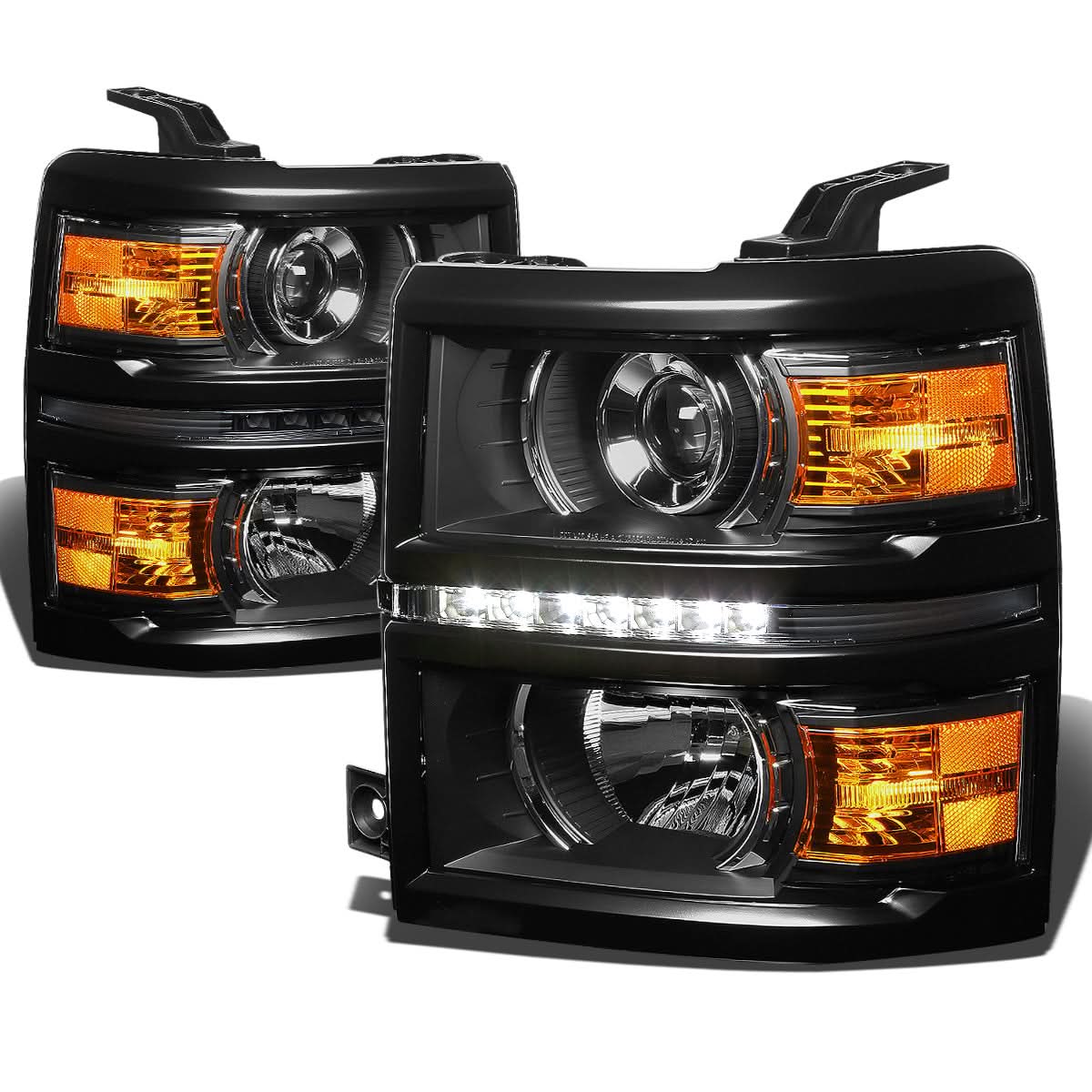 14-16 Chevy Silverado LED Projector Headlights Black Housing Amber
