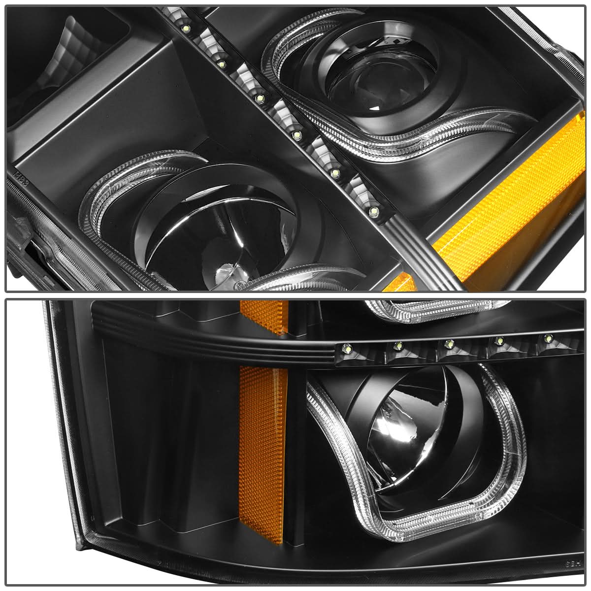 07-13 GMC Sierra LED U-Bar Halo Projector Headlights Black Housing