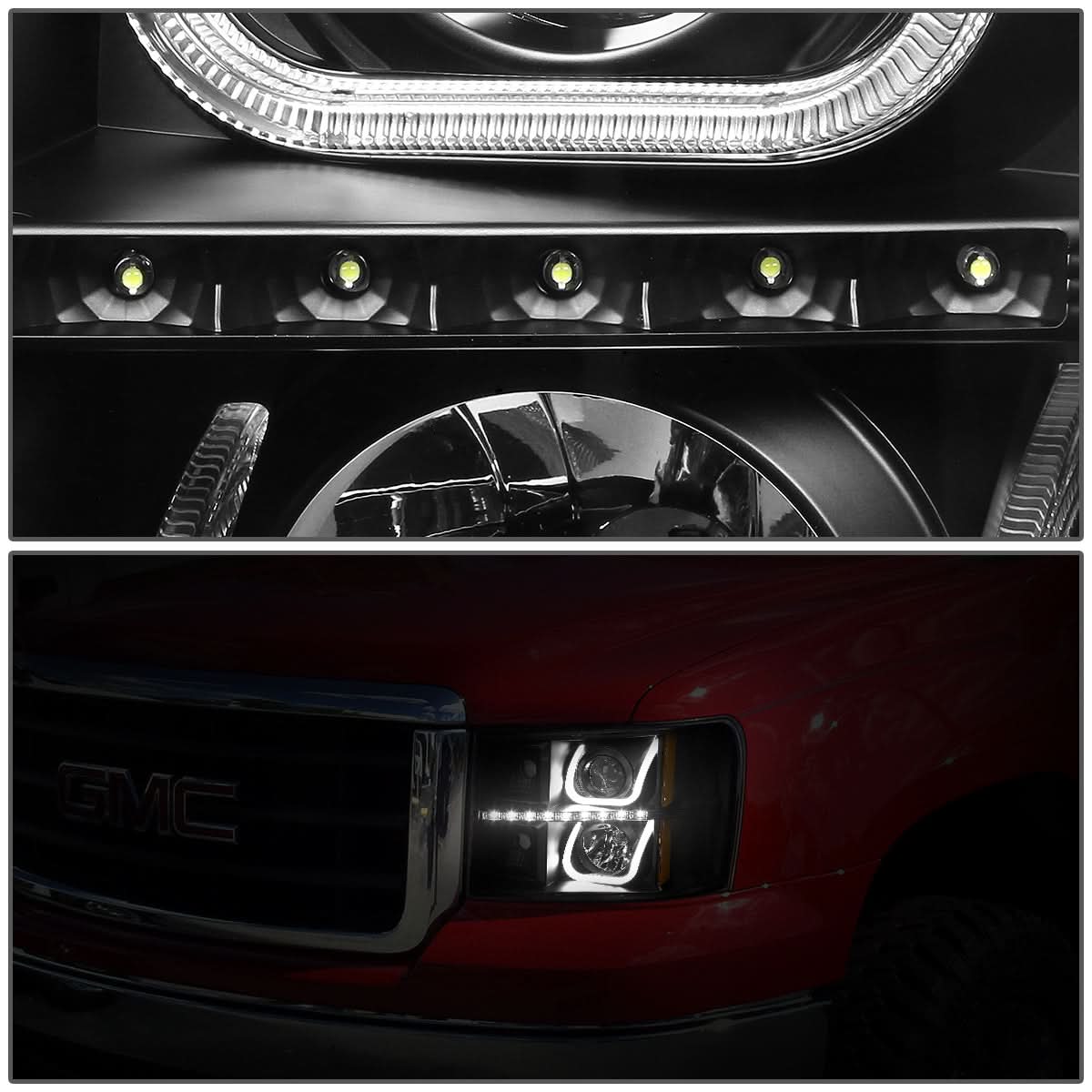07-13 GMC Sierra LED U-Bar Halo Projector Headlights Black Housing
