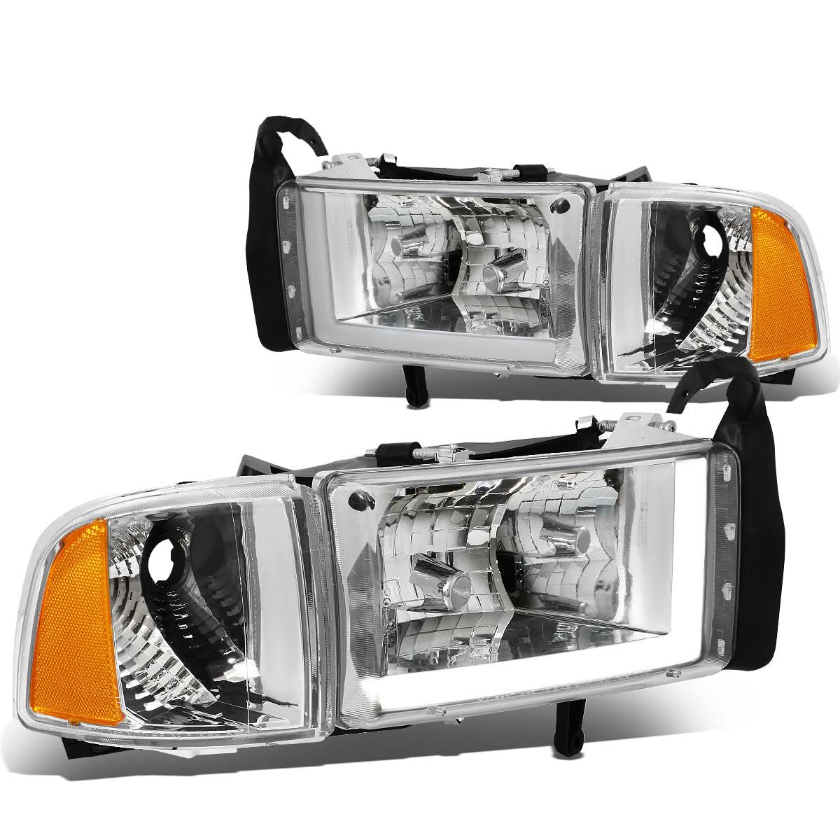 94-02 Dodge Ram LED DRL Headlights Chrome Housing Amber Corner