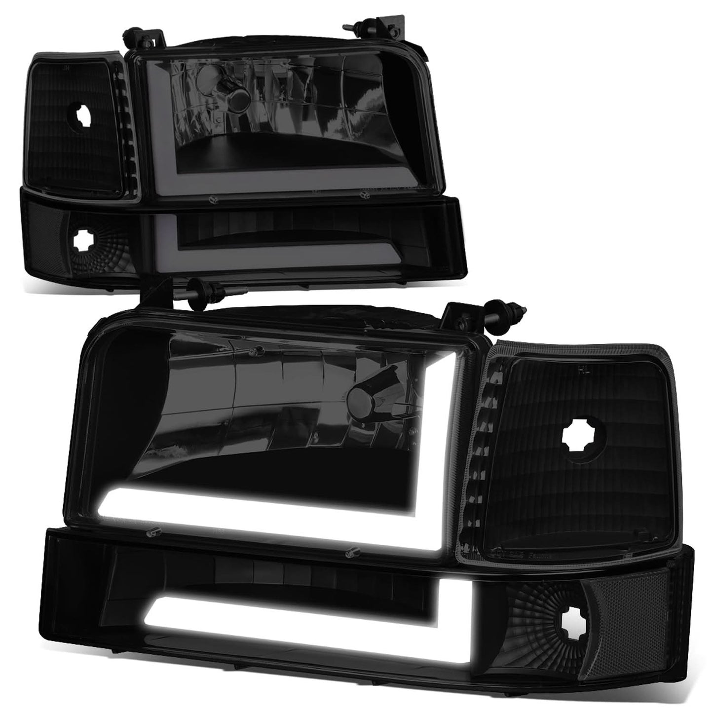 92-96 Ford F-150 F-250 F-350 Bronco Dual LED DRL Headlights Black