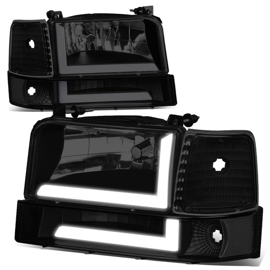 92-96 Ford F-150 F-250 F-350 Bronco Dual LED DRL Headlights Black