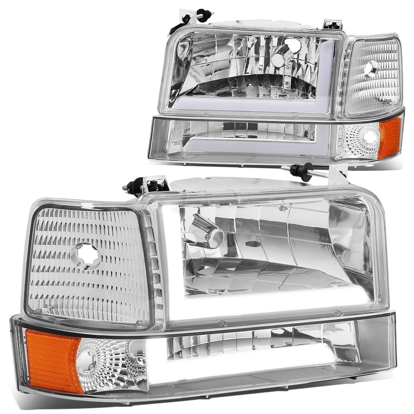 92-96 Ford F-150 F-250 F-350 Bronco Dual LED DRL Headlights Chrome