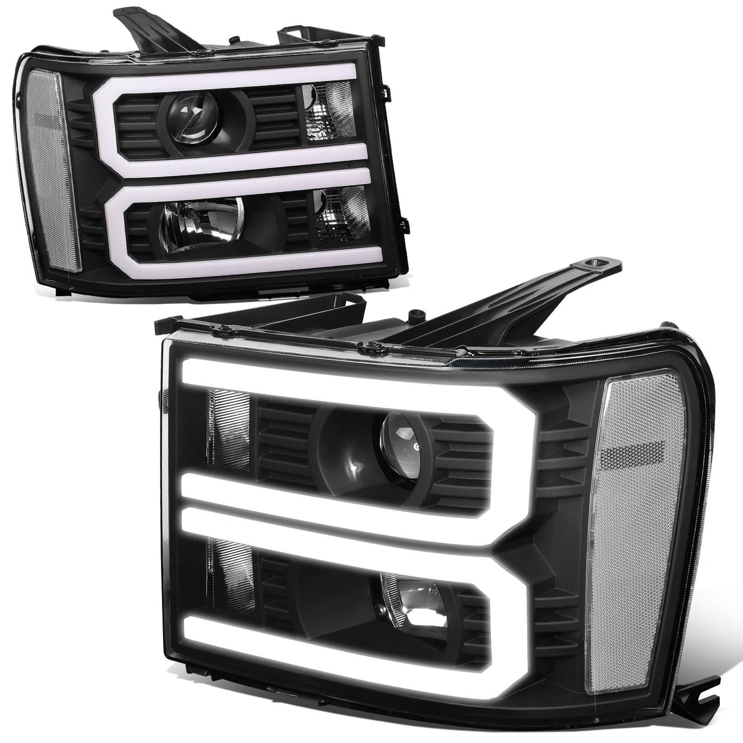 2007-2014 GMC Sierra Dual U-Bar LED DRL Headlights Black Housing