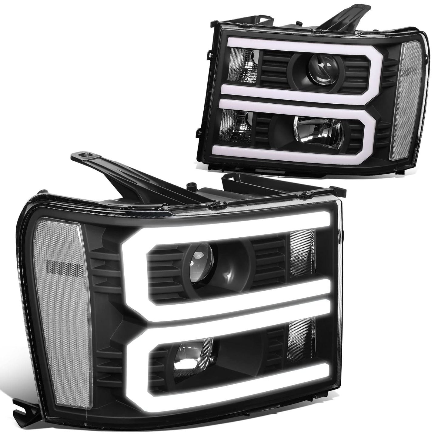 2007-2014 GMC Sierra Dual U-Bar LED DRL Headlights Black Housing