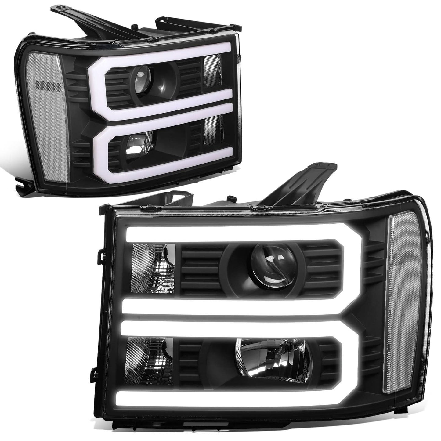2007-2014 GMC Sierra Dual U-Bar LED DRL Headlights Black Housing