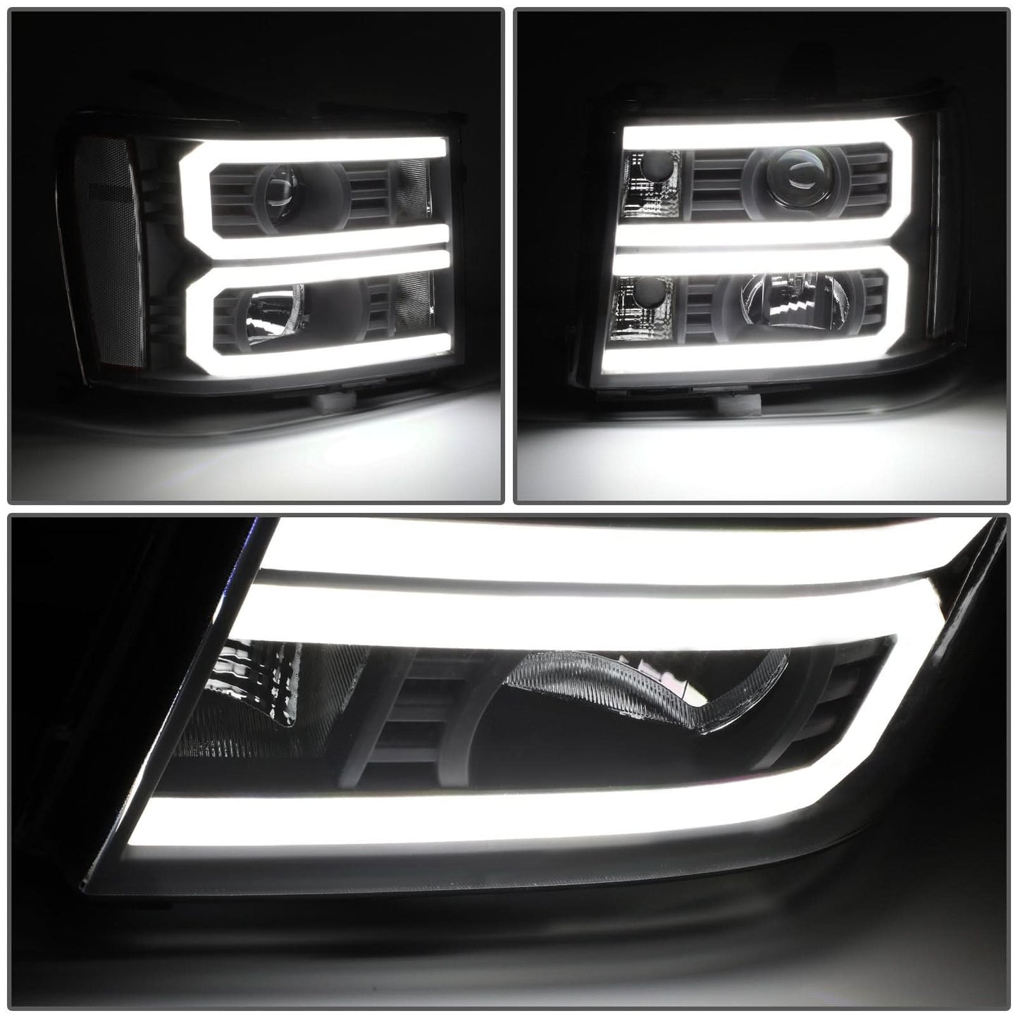 2007-2014 GMC Sierra Dual U-Bar LED DRL Headlights Black Housing