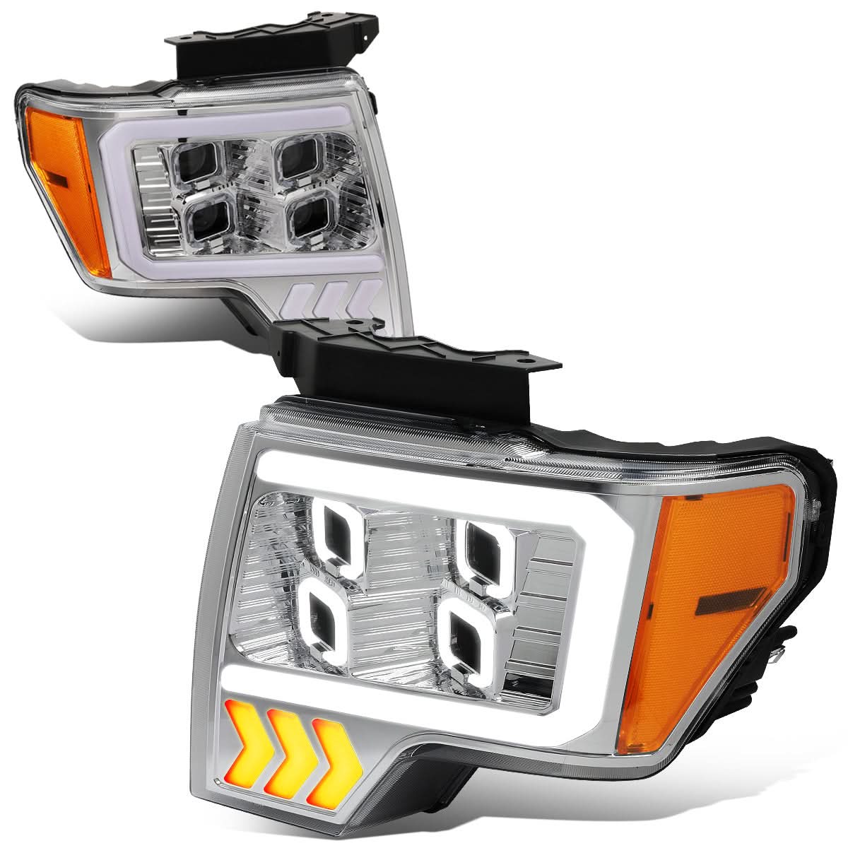 2009-2014 Ford F-150 Quad LED DRL Halo Ring Projector Headlights Chrome