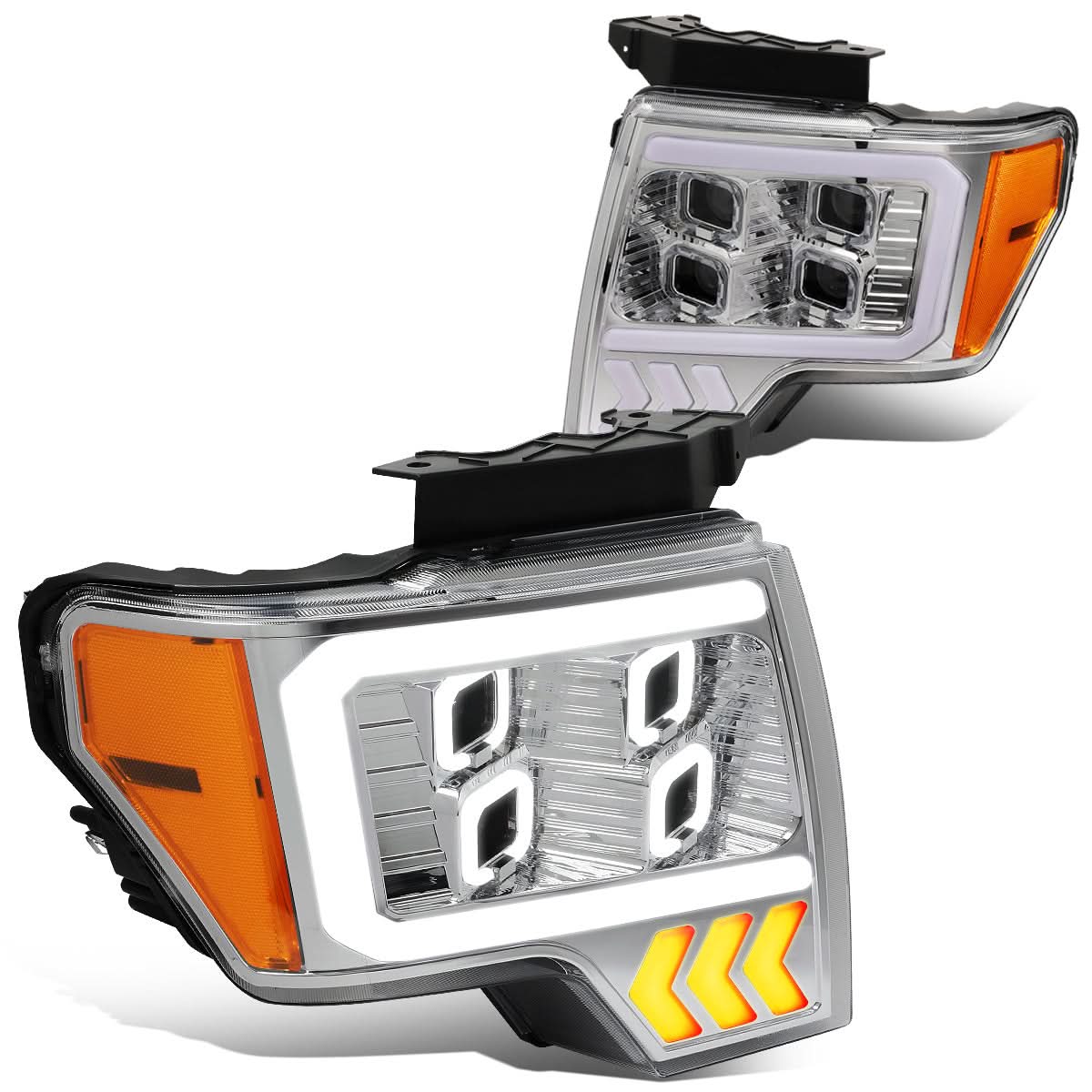 2009-2014 Ford F-150 Quad LED DRL Halo Ring Projector Headlights Chrome