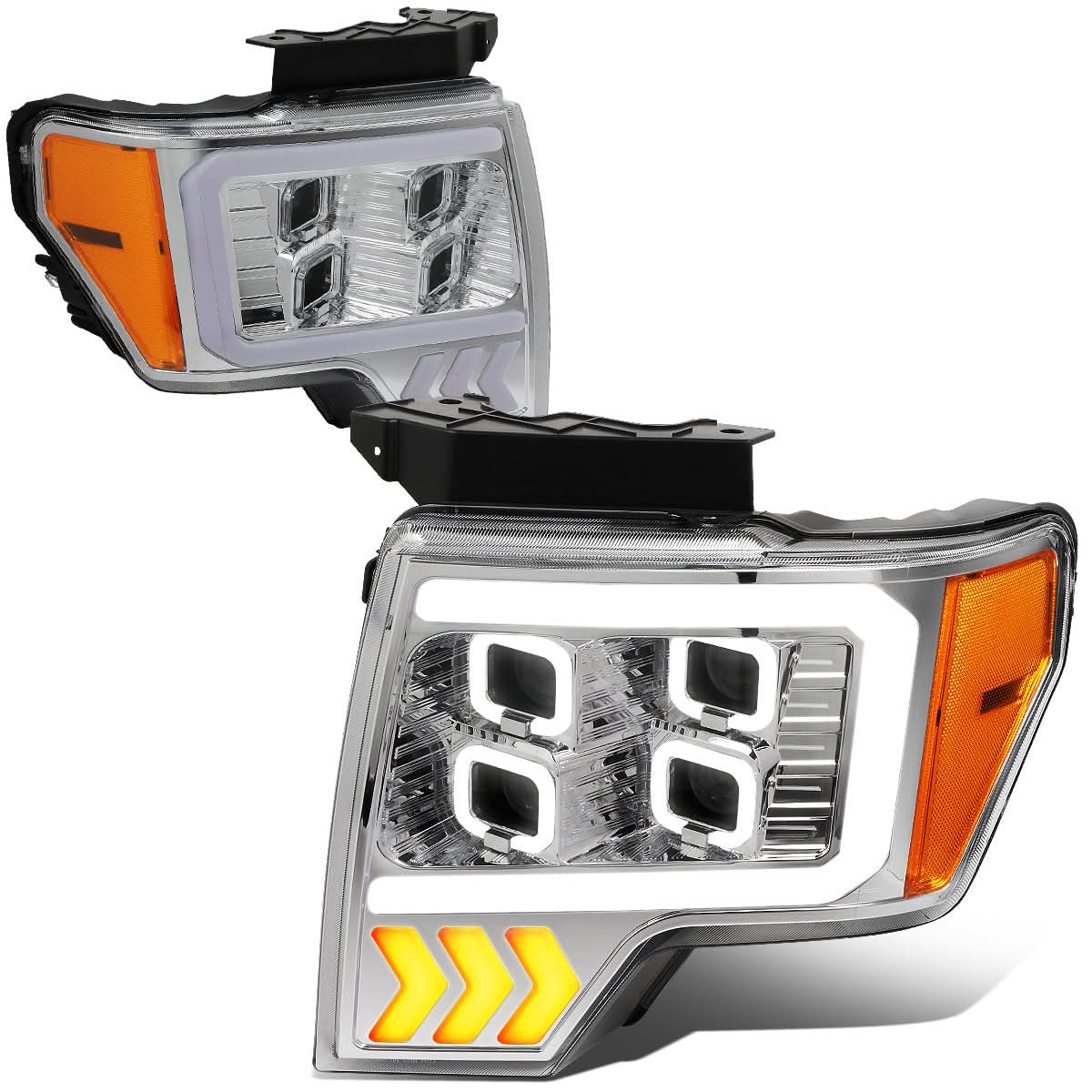2009-2014 Ford F-150 Quad LED DRL Halo Ring Projector Headlights Chrome