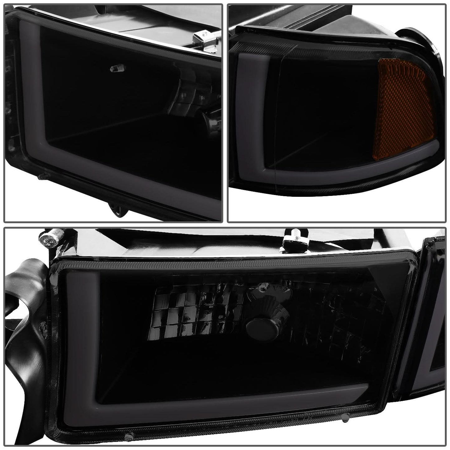 94-02 Dodge Ram LED DRL Headlights Black Housing Smoke Lens