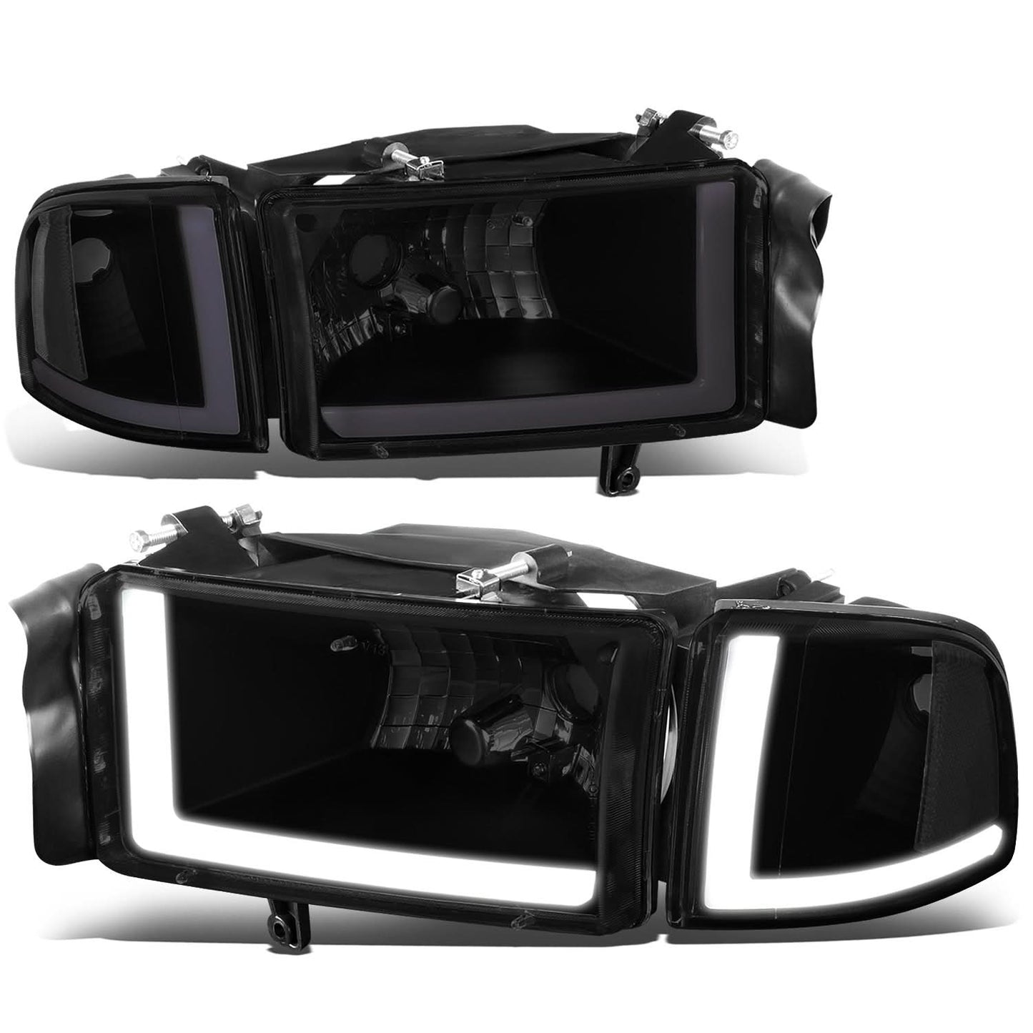 94-02 Dodge Ram LED DRL Headlights - Black Housing Smoke Lens