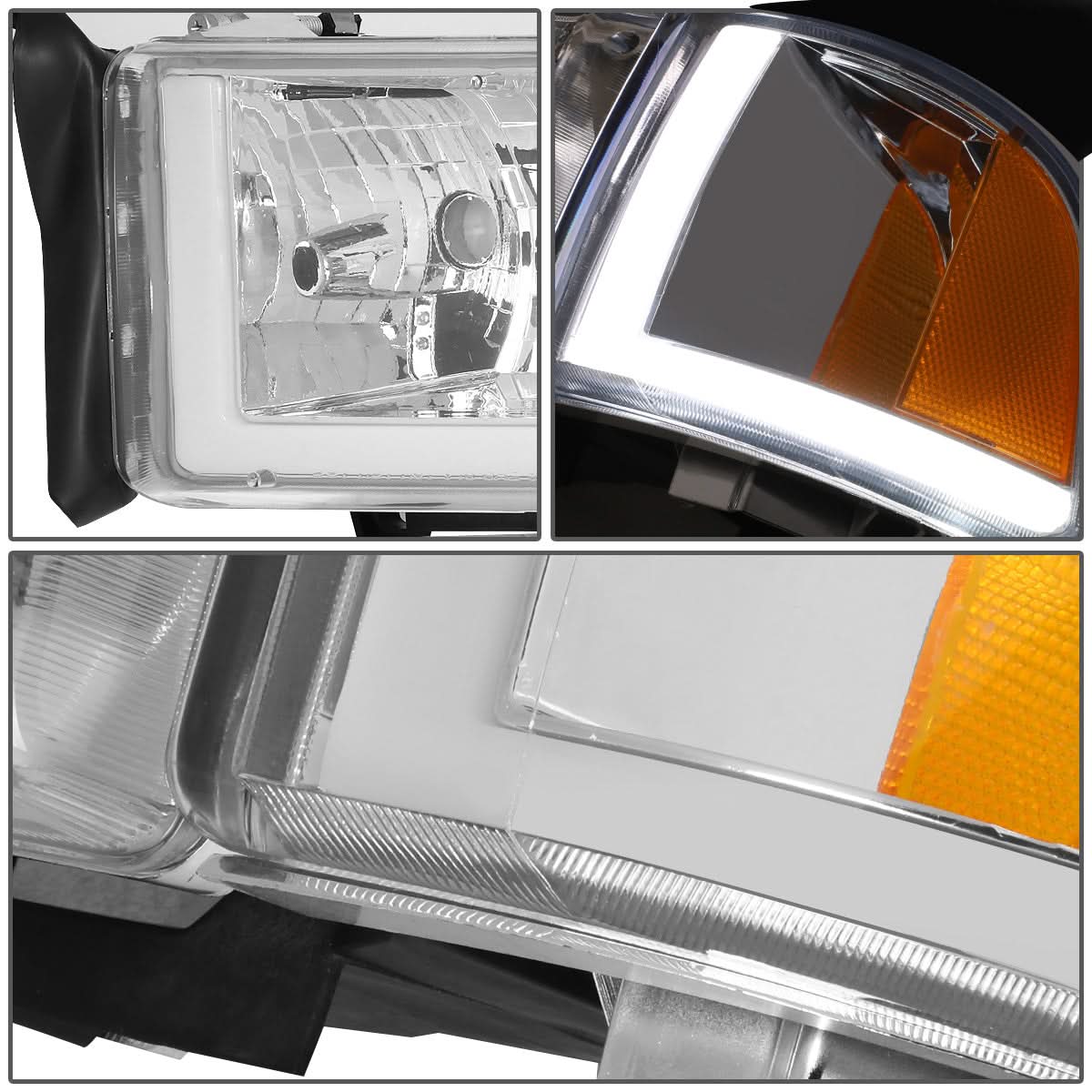 94-02 Dodge Ram LED DRL Headlights Chrome Housing Amber Corner