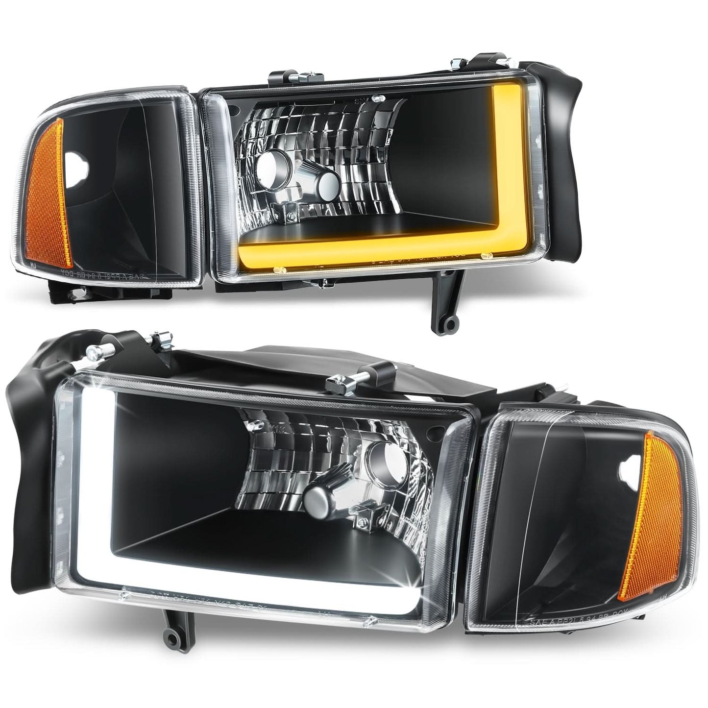 4PC LED Bar Headlights - Clear Lens Amber Reflector Black Housing