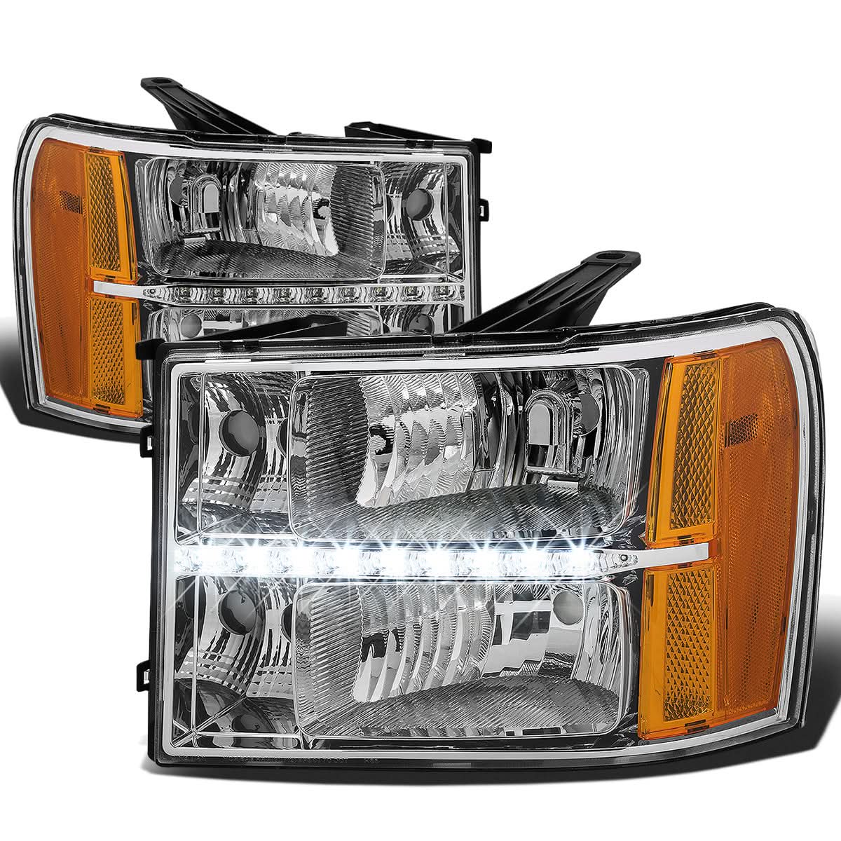 2007-2014 GMC Sierra LED DRL Headlights Chrome Housing Amber Corner