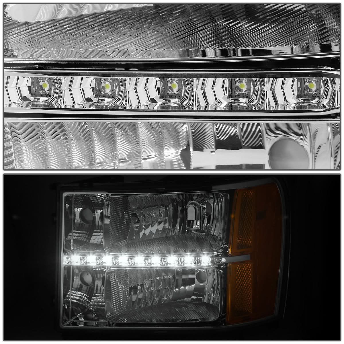 2007-2014 GMC Sierra LED DRL Headlights Chrome Housing Amber Corner