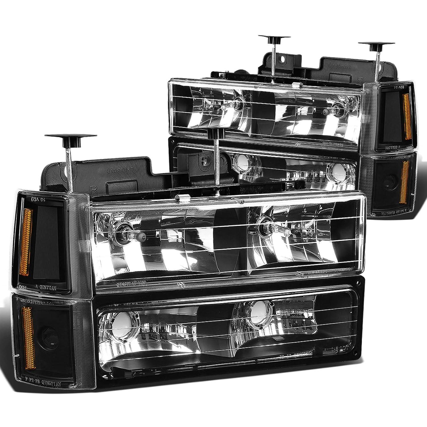 1994-2000 GMC C10 8PC Black Housing Amber Corner Headlights