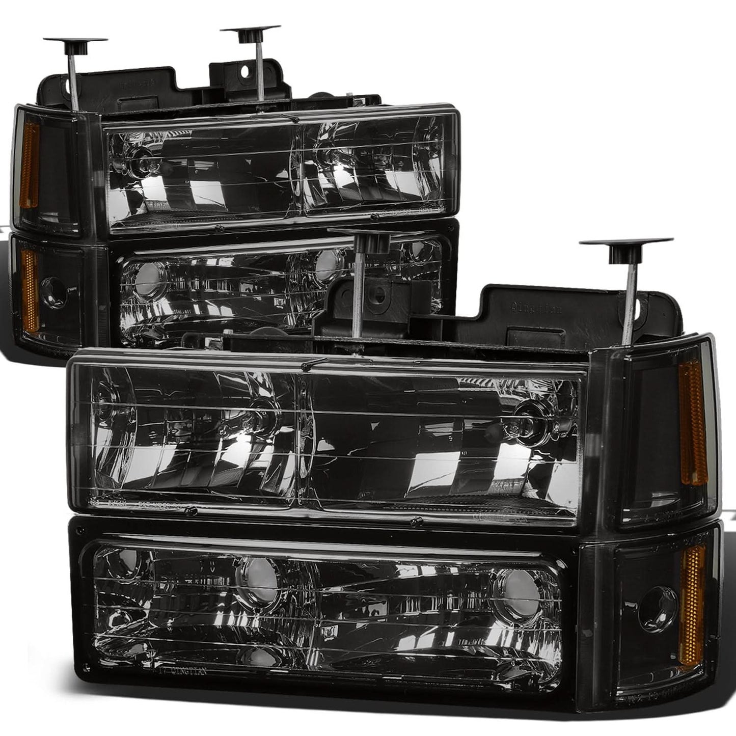 94-00 GMC C10 8PC Smoke Housing Headlight Set w/ Amber Corners